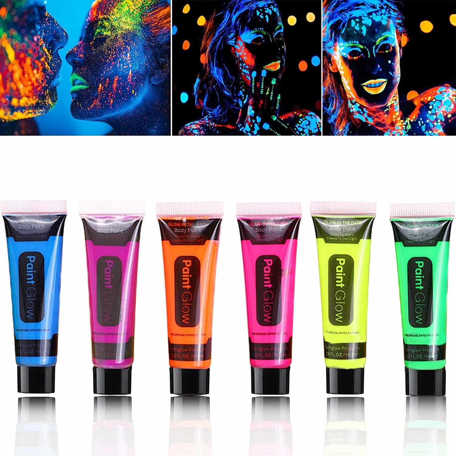 SYOSI Glow in Dark Face Body Paint, UV Blacklight Neon Fluorescent Blacklight Neon Face Body Paints, Easily Cleanable Face Body Paint Set Neon Body Makeup Glow in the Dark Party Supplies, 6 Pcs