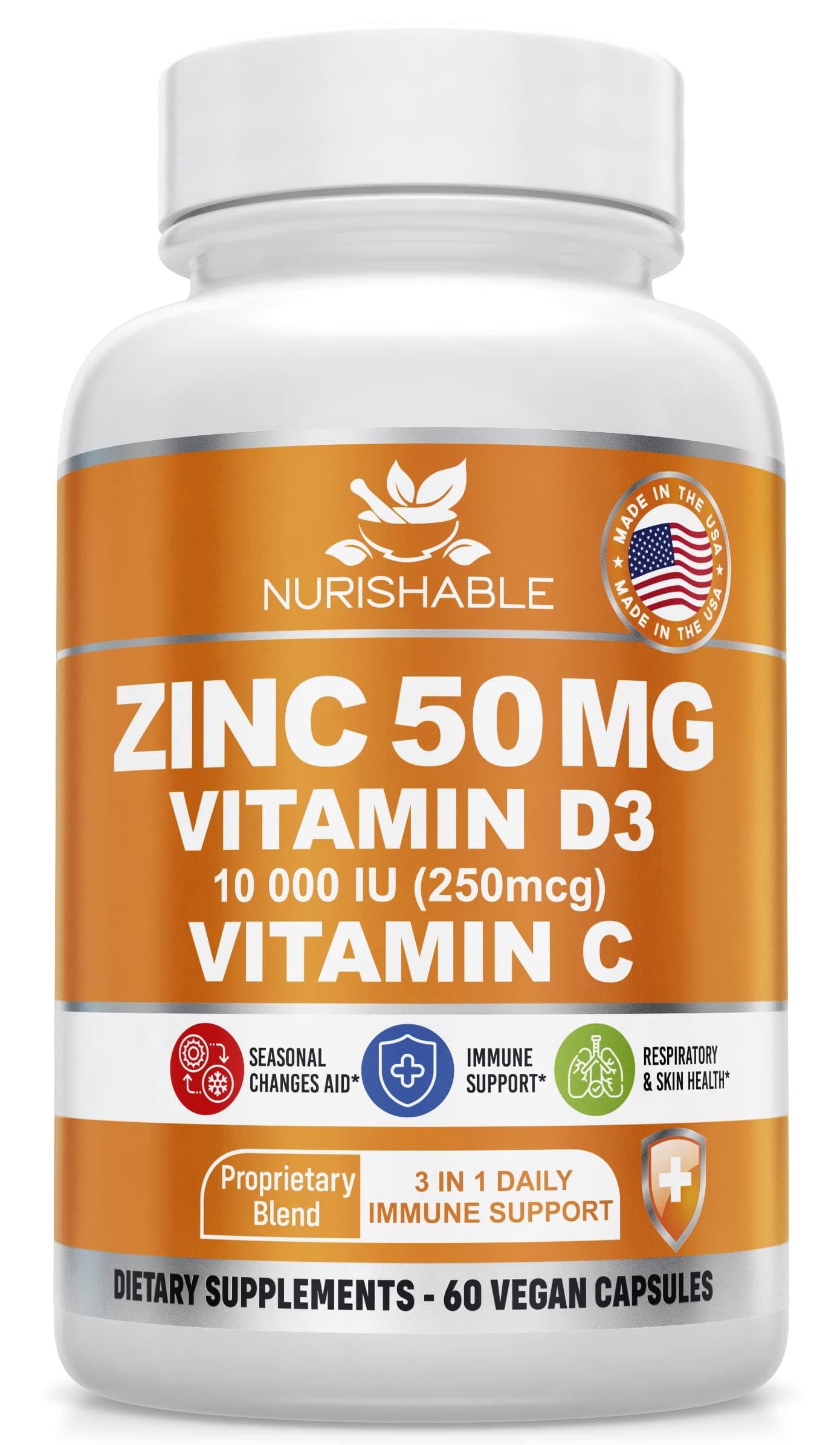 Zinc Supplements - Zinc 50mg with Vitamin D3 10000 IU & Vitamin C 500mg – Potent 3 in 1 Immune Support Supplement for Healthy Bone, Muscle Function & Growth - No Filler & Stearate - Packaging May Vary
