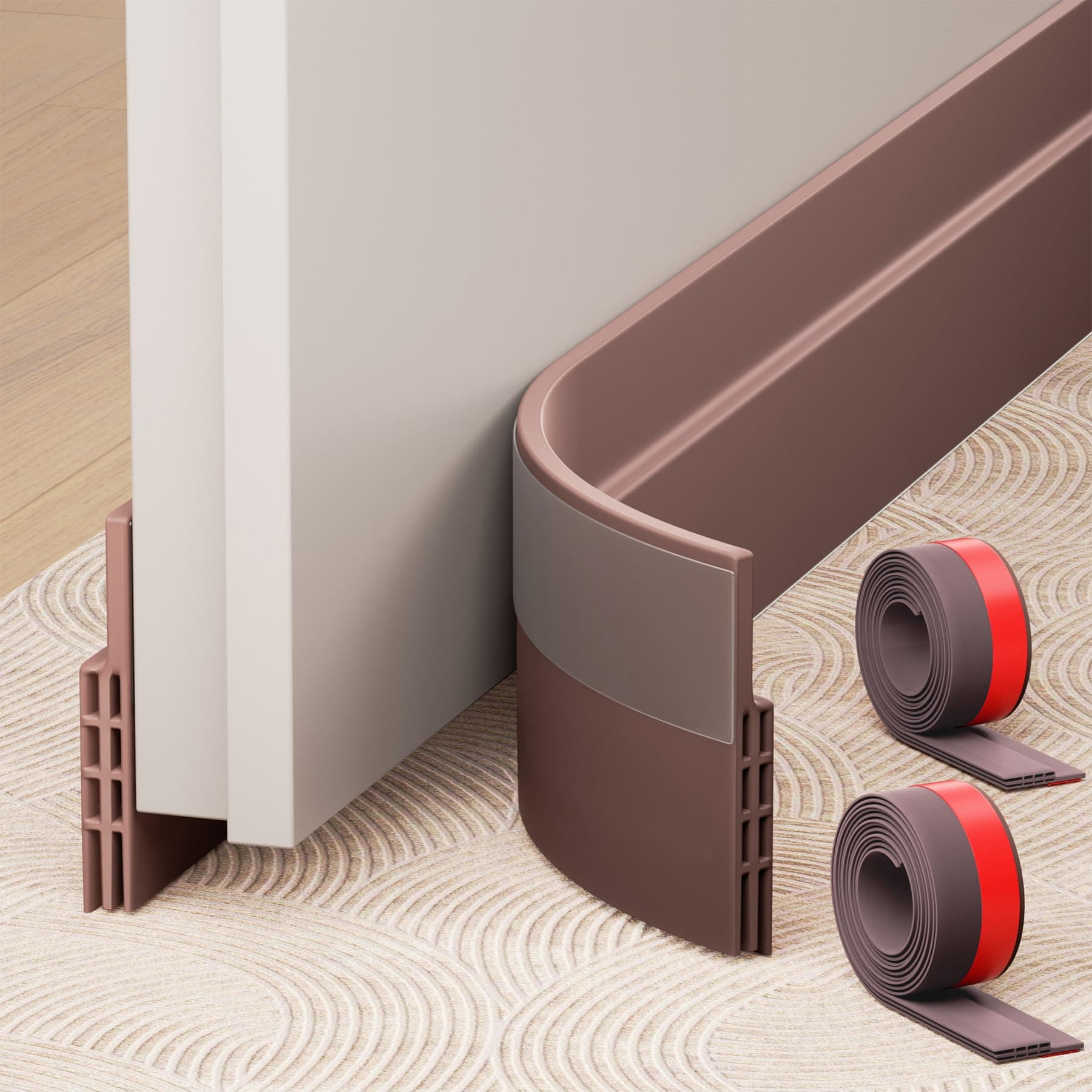 Hojoy 2 Pack Under Door Draft Stopper, Adjustable Door Sweep Anti-Collision Strong Adhesive Weather Stripping Tape Soundproof Draught Stoppers 2" W x 39" L, Brown