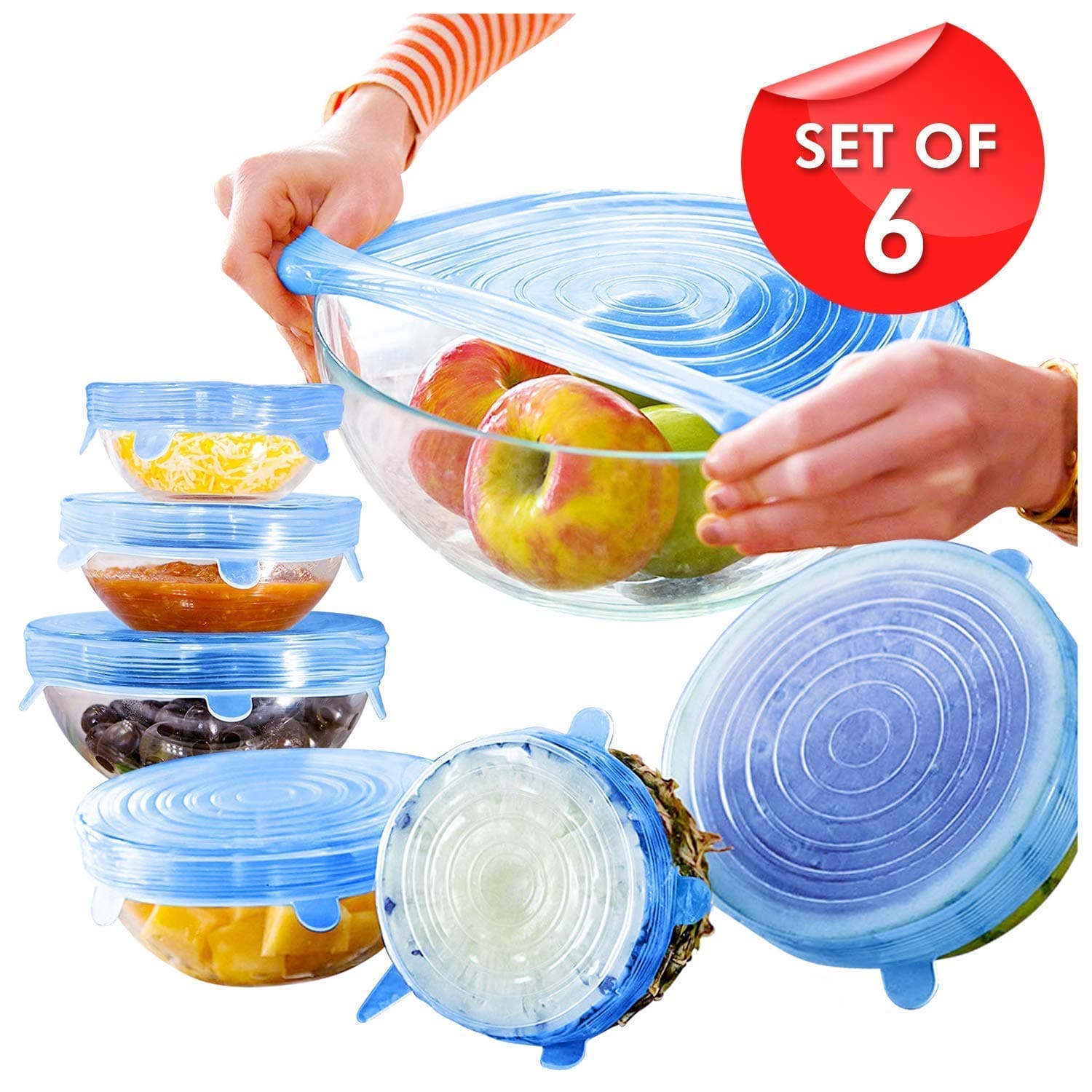 MALPINE Silicone Stretch Lids Flexible Covers for Rectangle Round Square - Bowls Dishes Plates Cans Jars Glassware and Mugs Cover (Free Size Multi Colour) - Set of 6