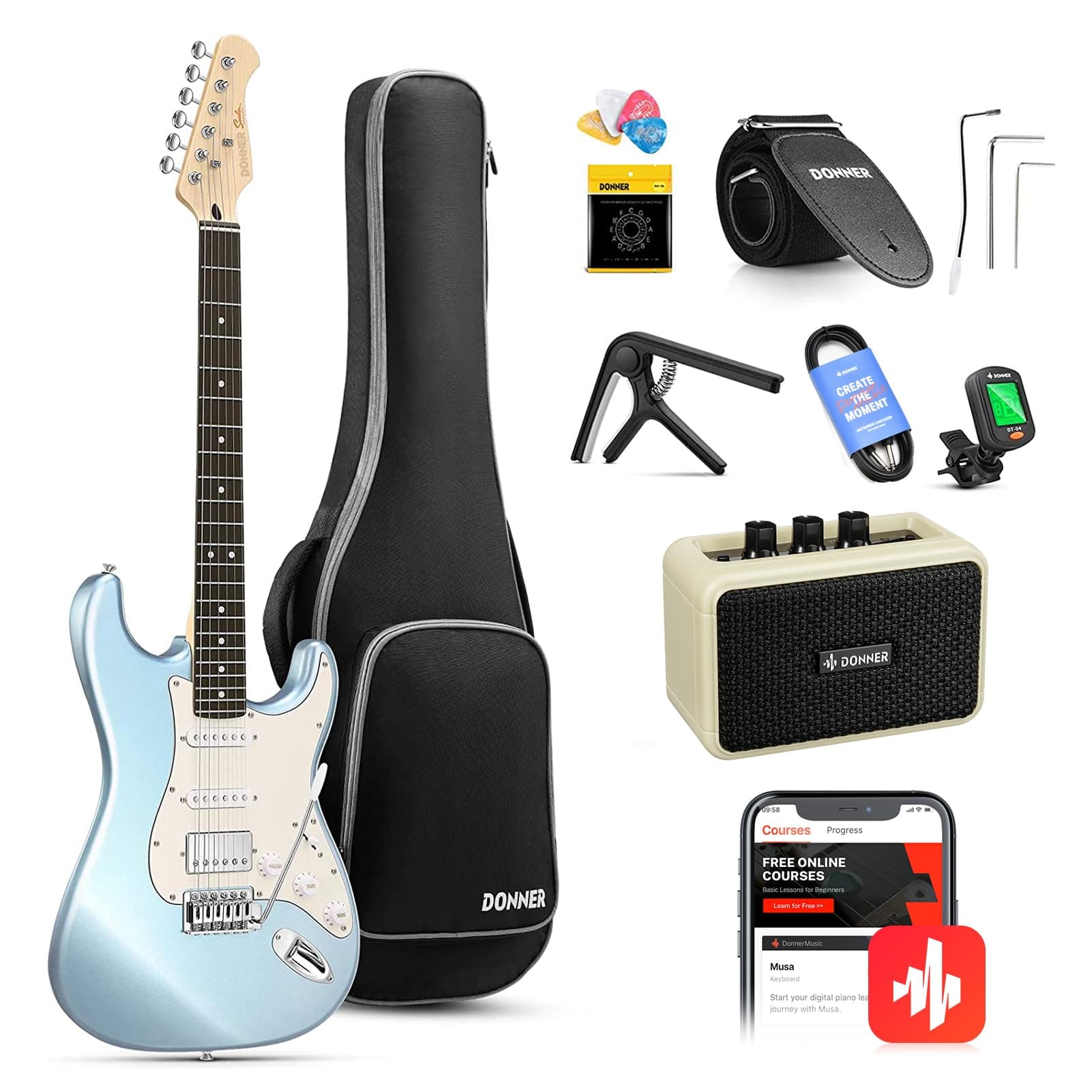 Donner Electric Guitar, 39" Electric Guitar Kit HSS Pickup Coil Split, DST-152R Beginner Set with Amp, Bag, Capo, Strap, String, Tuner, Cable, Picks, Metallic Ice Blue