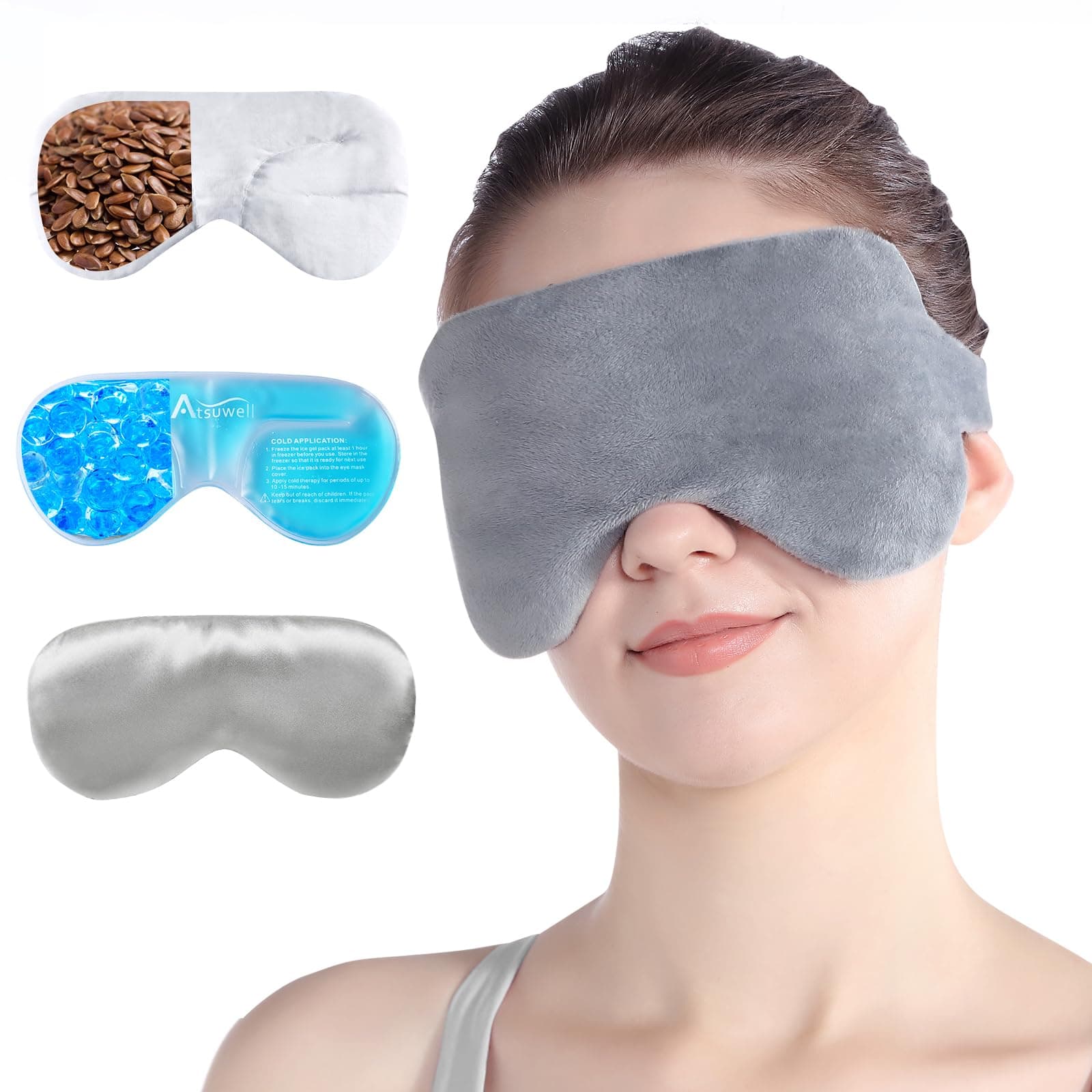 Atsuwell Cooling Heated Eye Mask for Dry Eyes, Microwave Warm Eye Compress for Relaxation, Sinus Pressure, Multipurpose Eye Bag with Flaxseed, Cold Gel Pad and Silky Cotton Insert