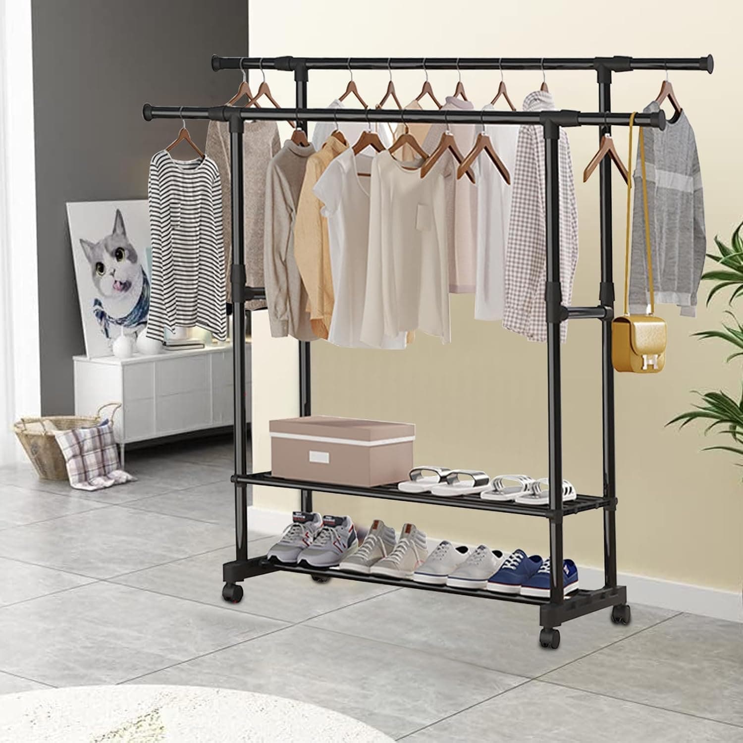 TDOO Garment Rack Clothes Drying Rack,Mobile Clothing Garment Rack with Extensible Rod and Shoes Rack,Stainless Steel Clothing Rack for Hanging Clothes, Coats, Skirts, Shirts, Sweaters, Black