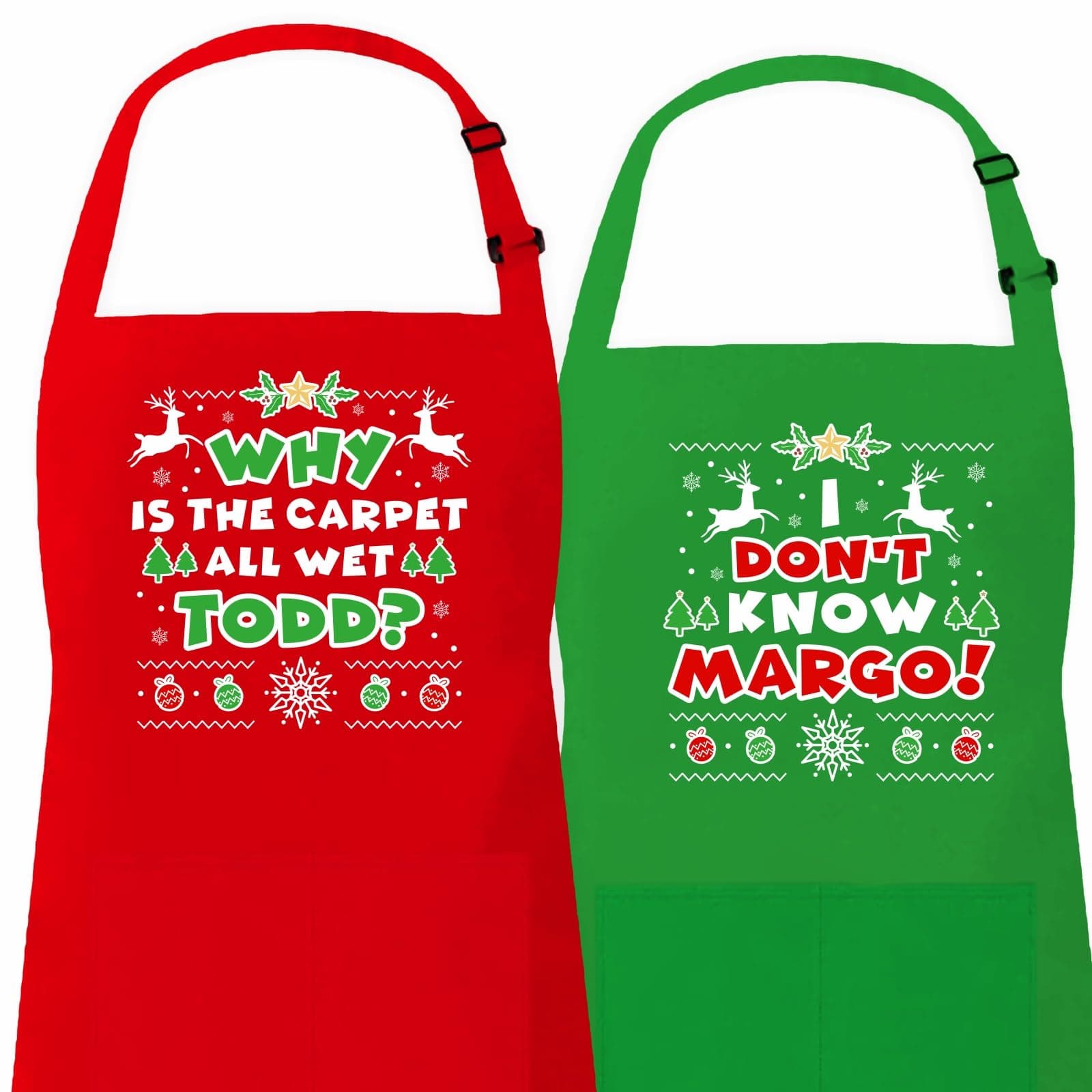 Saukore Christmas Matching Aprons for Couples, Christmas Vacation Gifts, Griswold Family Cousin Eddie Merchandise, 2 Pack Holiday Baking Aprons - Why is The Carpet All Wet Todd? I Don't Know Margo