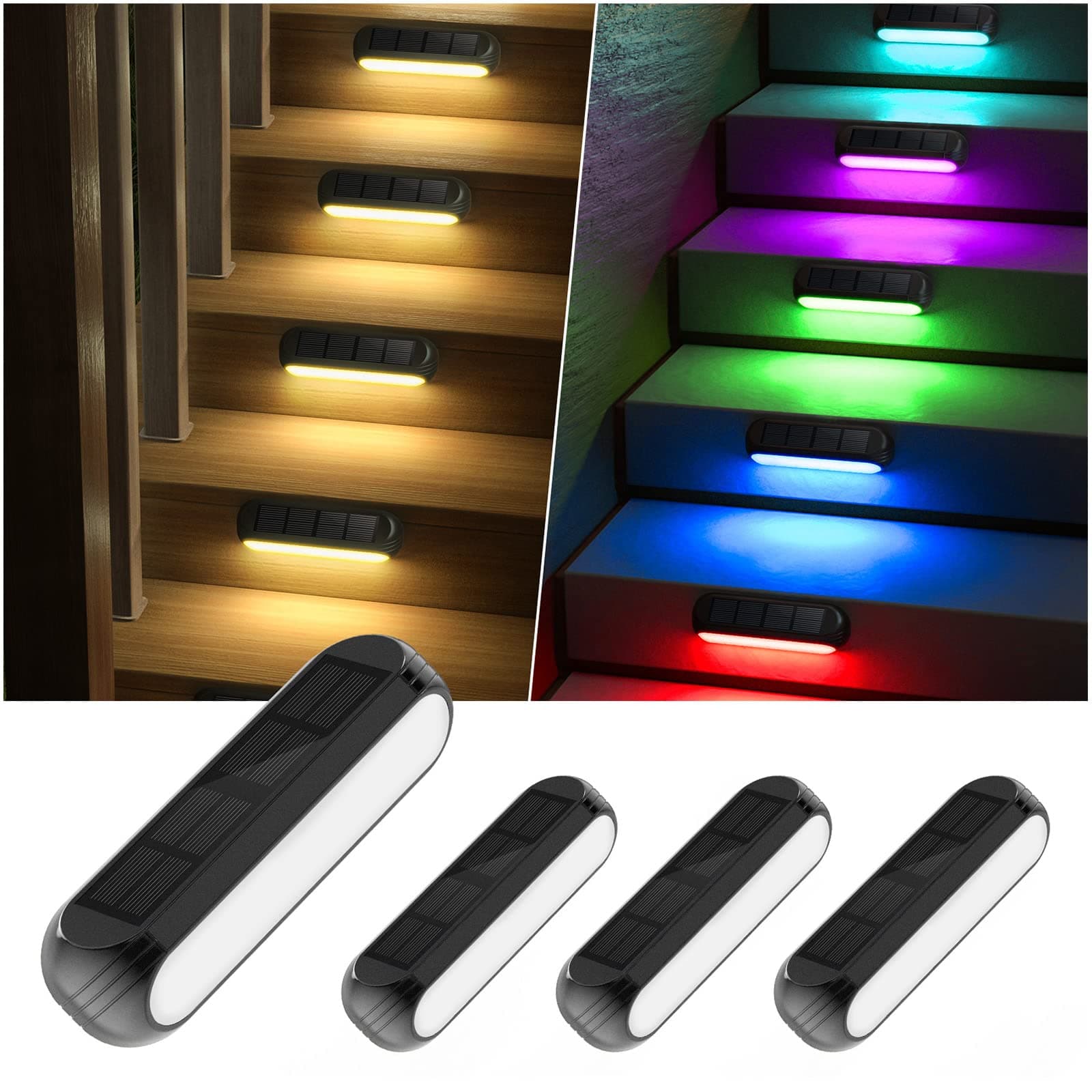 Solar Outdoor Lights for Deck 4 Pack, Upgraded RGB Solar Fence Lights with Color Changing & Warm White Mode, Waterproof LED Solar Powered Light for Yard, Wall, Stairs, Pool and Step Decor