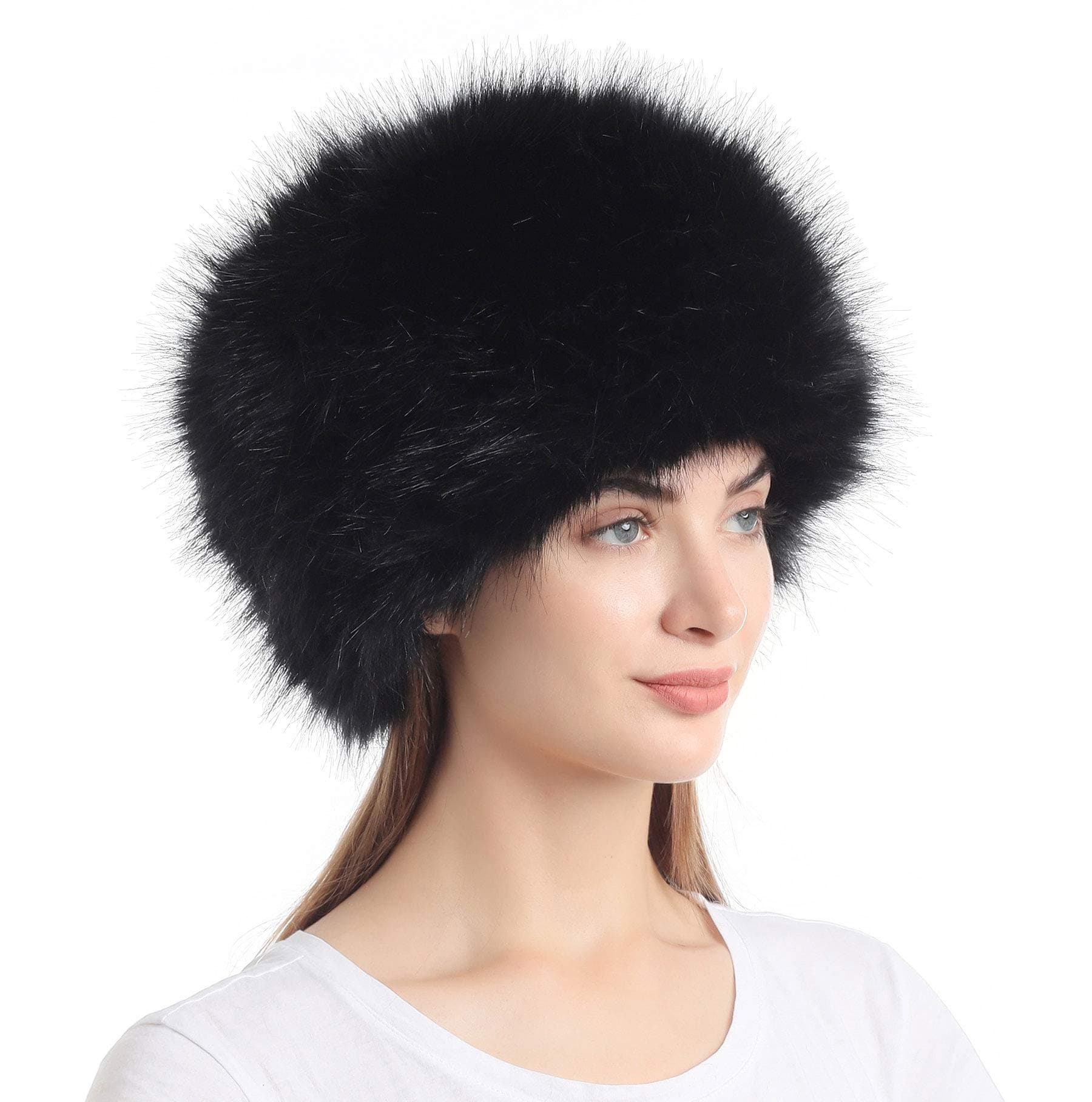 LA CARRIE Women's Faux Fur Hat Winter Stretch Cossack Russian Style White Warm Cap