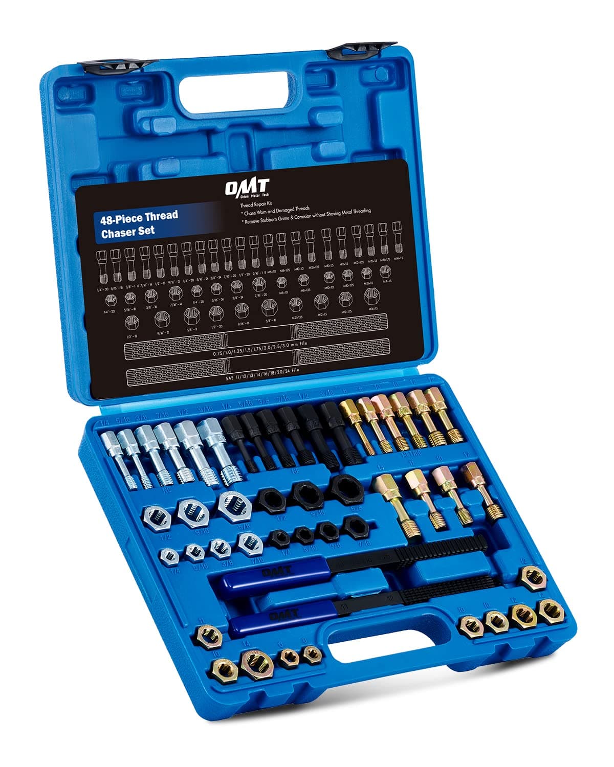 Orion Motor Tech 48 Piece Thread Chaser Set, Metric and SAE Thread Repair Kit with 22 Taps 24 Dies 2 Thread Files, Universal Rethreading Kit Thread Restorer Tool Set in UNC UNF Metric Sizes with Case