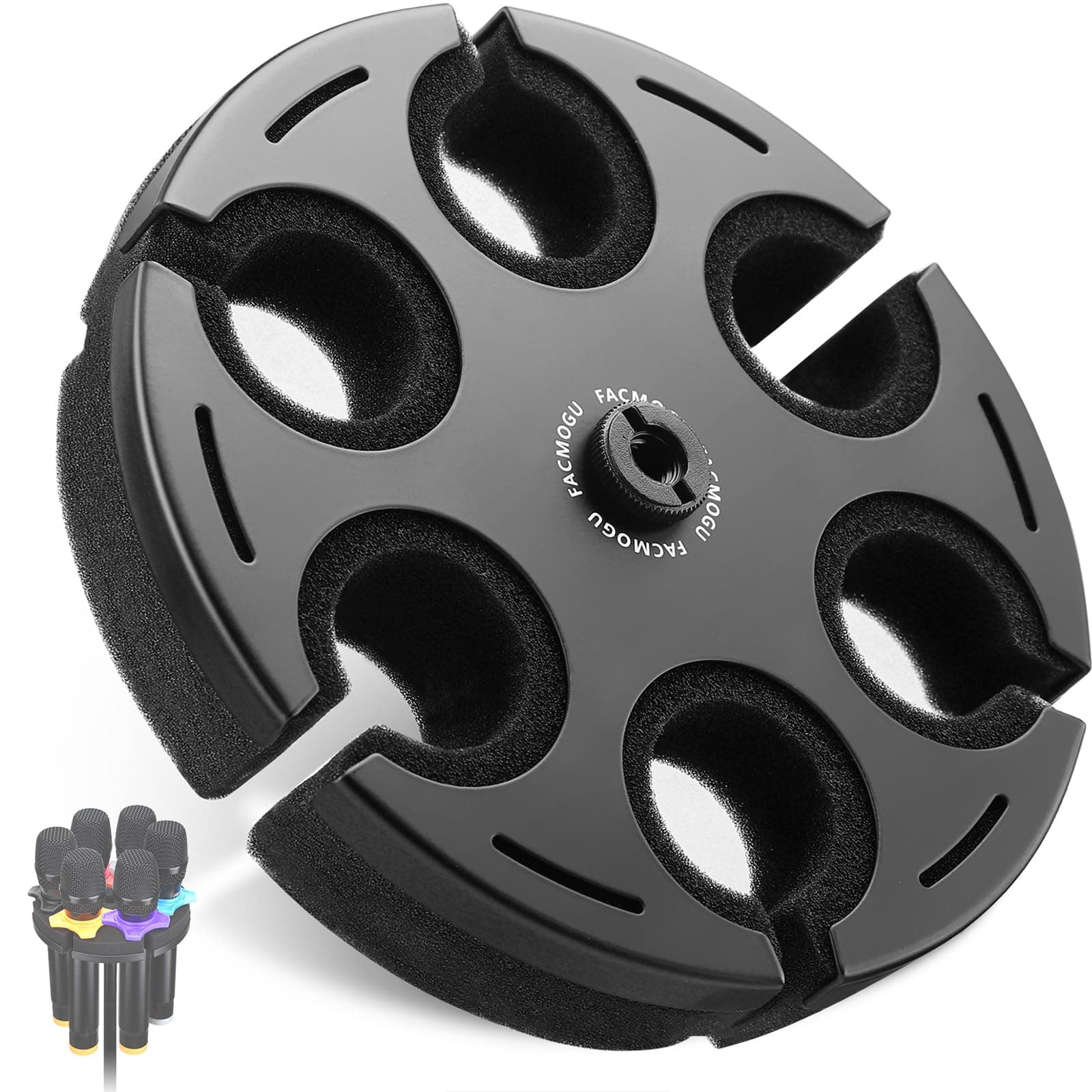 FacmoguMulti Microphone Holder, Aluminum Multi Mic Holder Holds Up to 6 Mics, Wired and Wireless Mic Holder for Stand, Multiple Microphone Holder for Organizer & Display, w/ 3/8"-16 Threaded Adapter