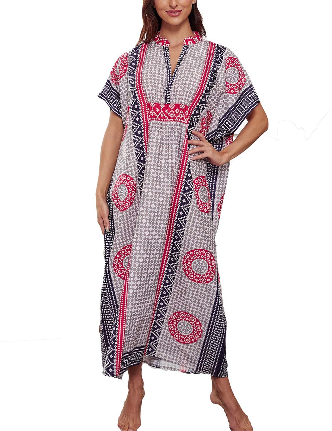 Ailunsnika V Neck Geometric Print Bikini Bathing Suit Cover Ups Swimwear Women Plus Size Turkish Caftan Dress Purple