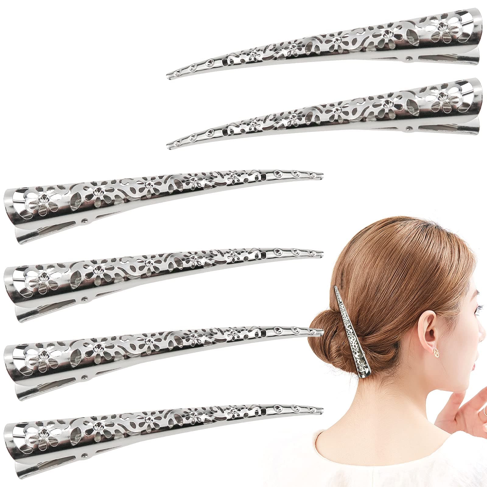 6 Pcs Duckbill Hair Clips Hollow Style Metal Alligator Hair Clips Duckbill Hairpins Non- slip Hair Barrettes Hair Grip without Teeth for Hair Styling Sectioning, Silver