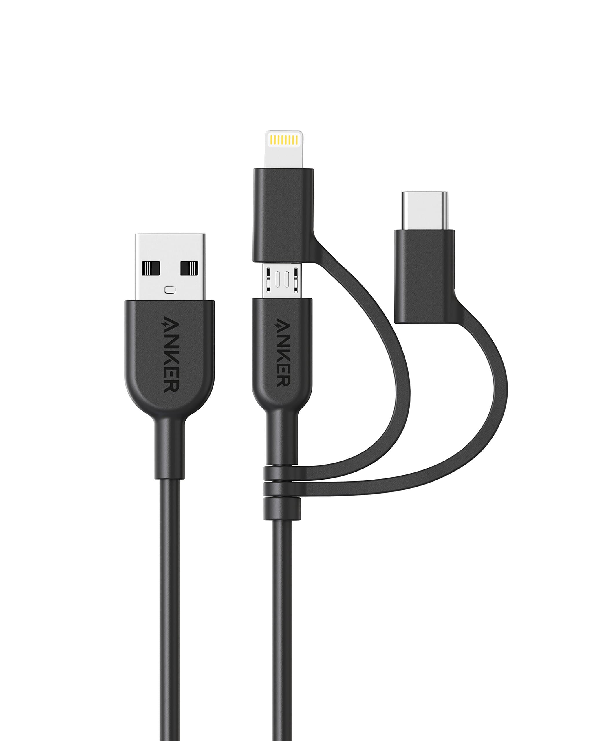 Powerline II 3-in-1 Cable, Lightning/Type C/Micro USB Cable for iPhone, iPad, Huawei, HTC, LG, Samsung Galaxy, Sony Xperia, Android Smartphones, iPad Pro 2018 and More(3ft, Black)