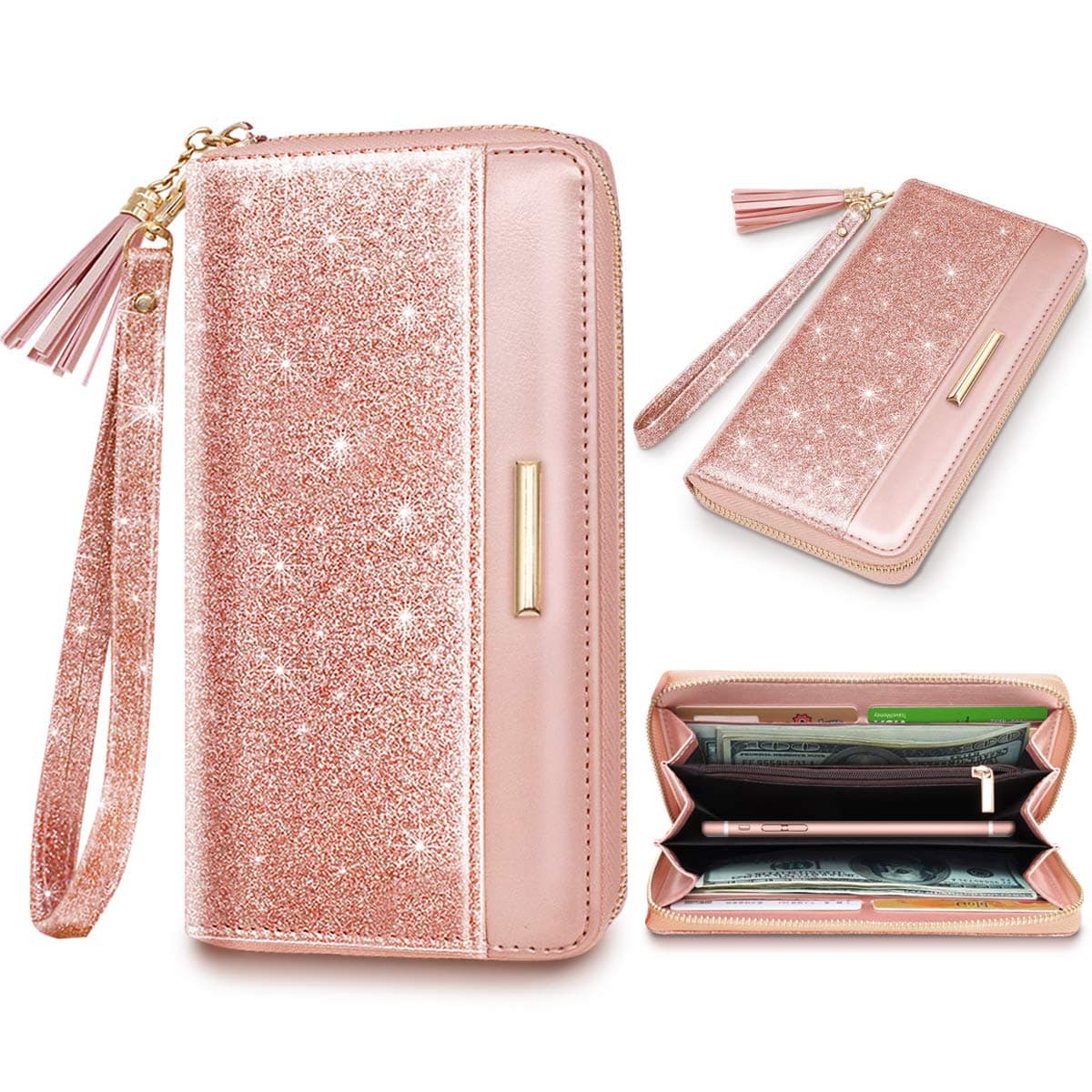 Wallets for Women PU Leather Card Holder Organizer Ladies Clutch with Tassel Wristlet Wrist strap, A Pink Glitter, long purse, Casual