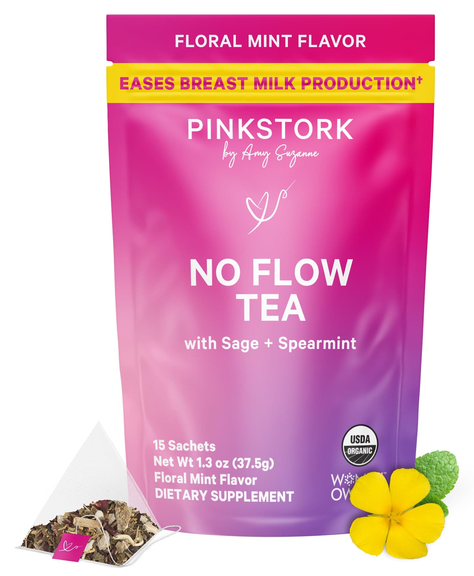 Pink Stork No Flow - Organic Sage Tea to Dry Up Breast Milk Supply and Decrease Milk Production, Stop Breastfeeding, Wean Lactation Naturally, Postpartum Essentials - Hot or Iced - 15 Sachets