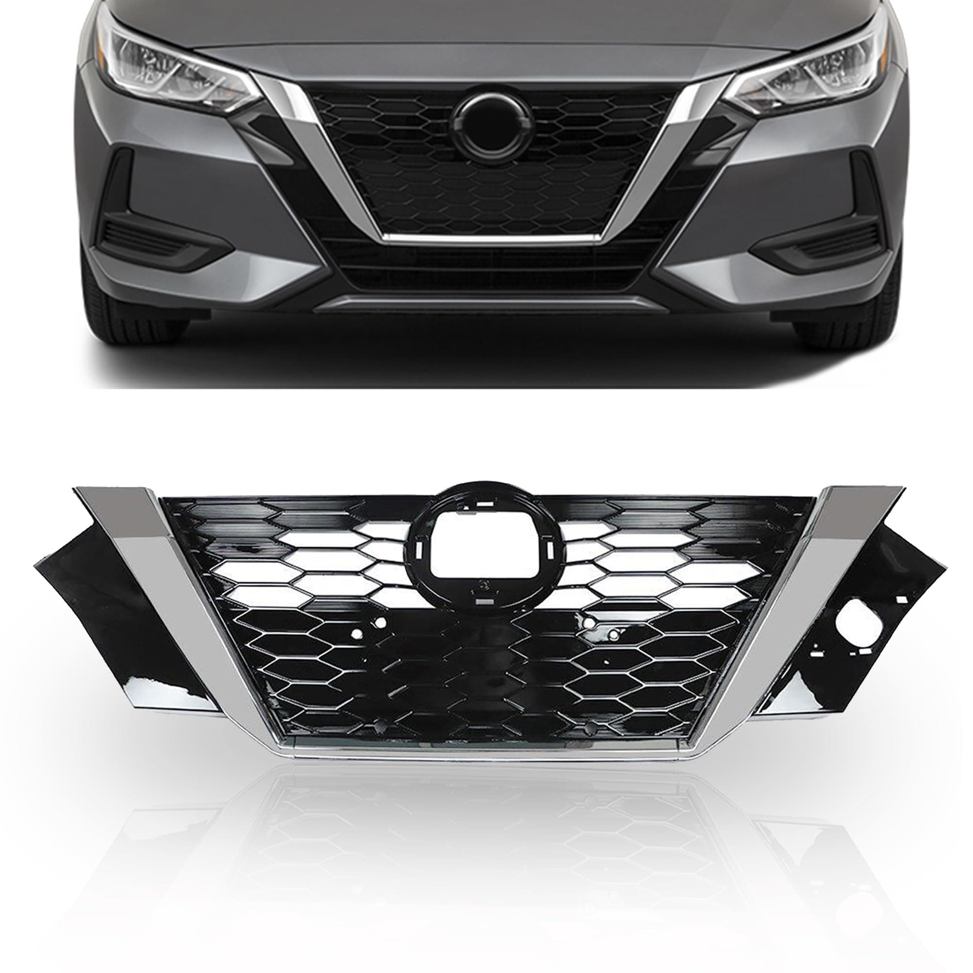 PartsFlow Front Bumper Grille Upper Honeycomb Grill Black With Chrome For 2020 2021 Nissan Sentra 623106LB0A