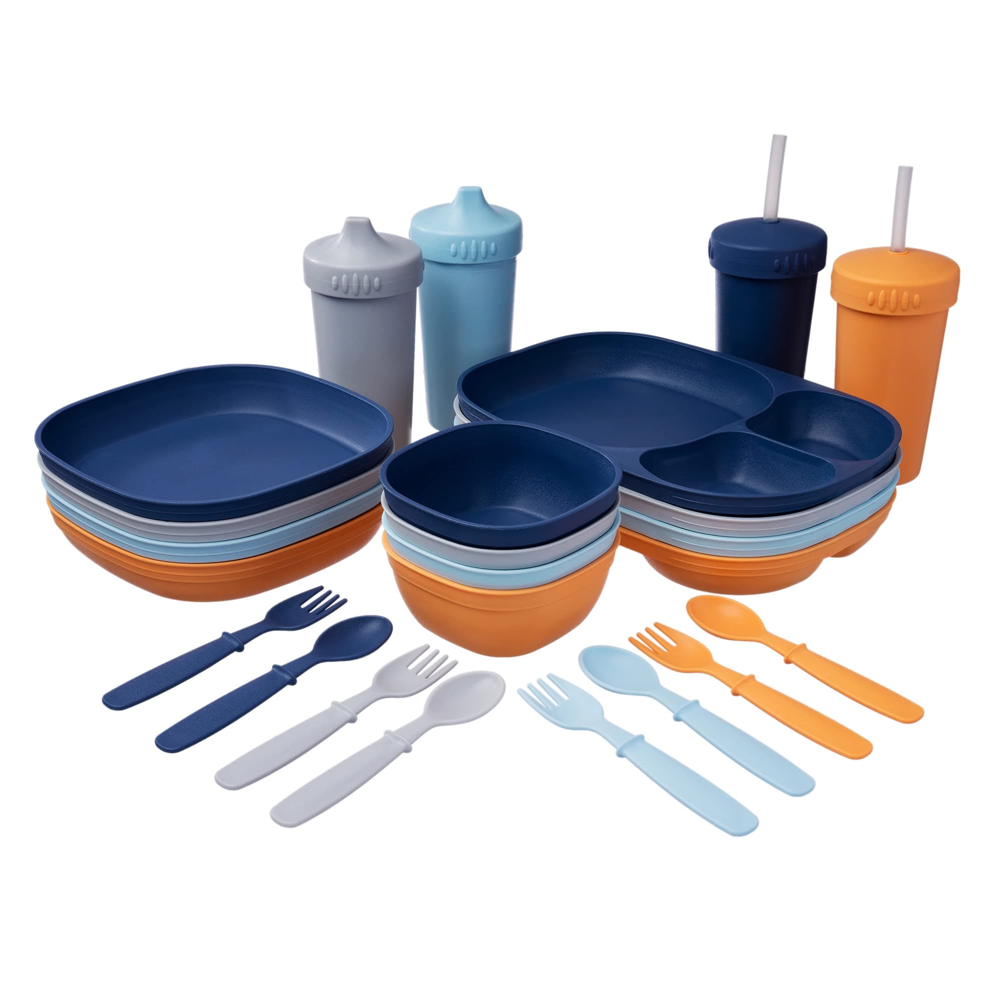 MightyMoe Kid’s Dinnerware Set - 28 Pieces, 4 Place Settings - Sunset Color Set - Tough Tableware for Toddlers - Made in the USA - Dishwasher and Microwave Safe - BPA Free and Shatter Resistant