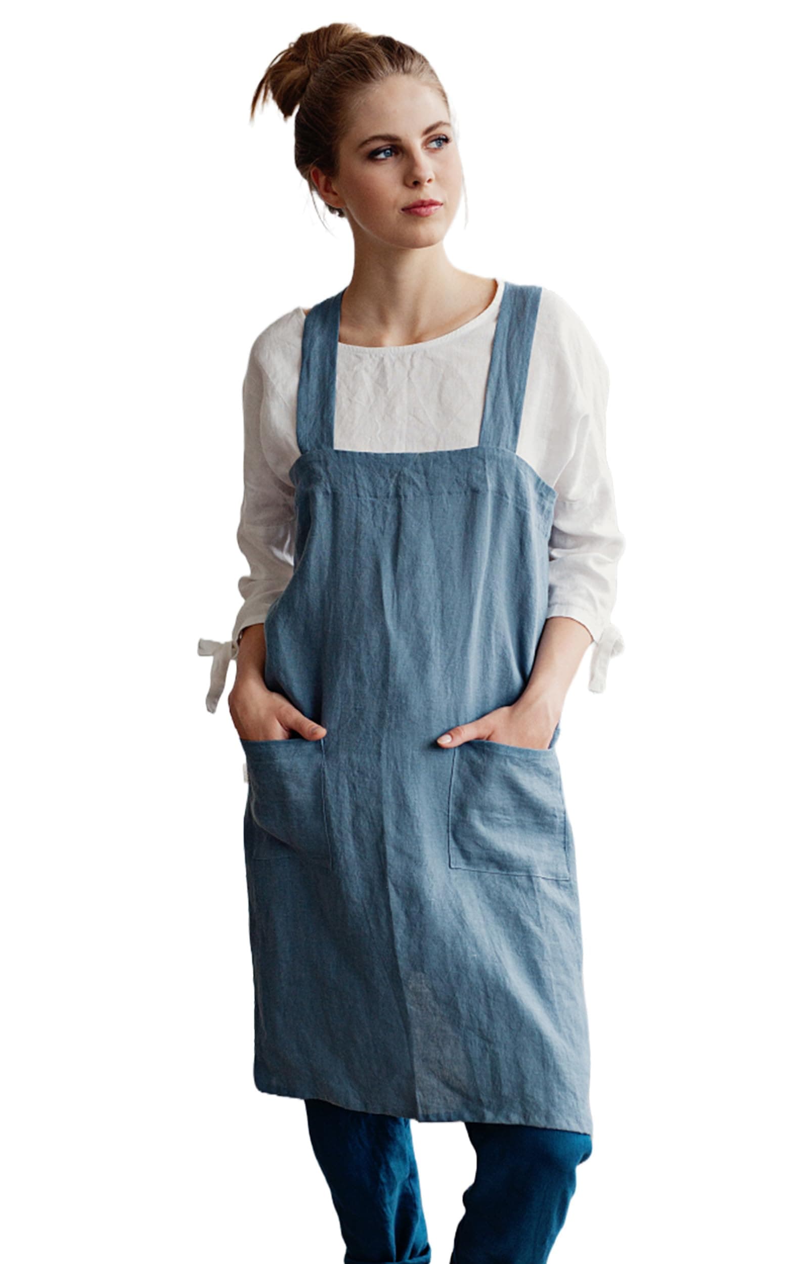 MagicLinen Japanese Style Linen Apron with Front Pockets, Solid Color Gray Blue, S-XXL Size, Handmade in Europe (L-XL)