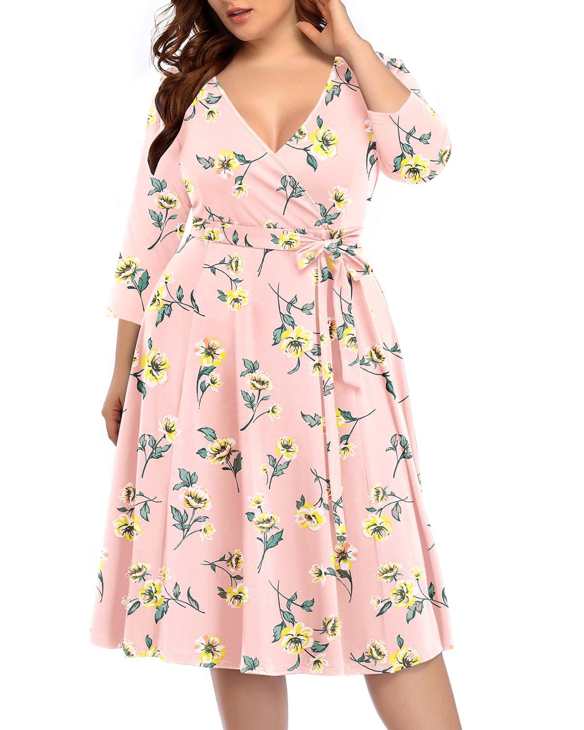Pinup FashionWomen's Plus Size Faux Wrap V Neck 3/4 Sleeve Fit and Flare Wedding Guest Casual Party Midi Dress