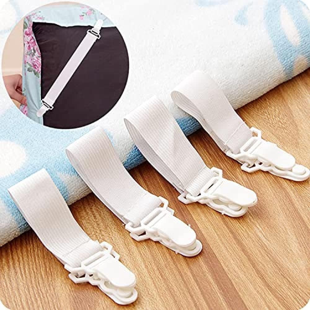 Bed Sheet Holder Corner Straps - 4 pcs White, Mattress Cover Clips to Hold Sheets in Place, Adjustable Bed Bands, Elastic Fasteners/Grippers/Suspenders Fitted for Bedding, Keepers