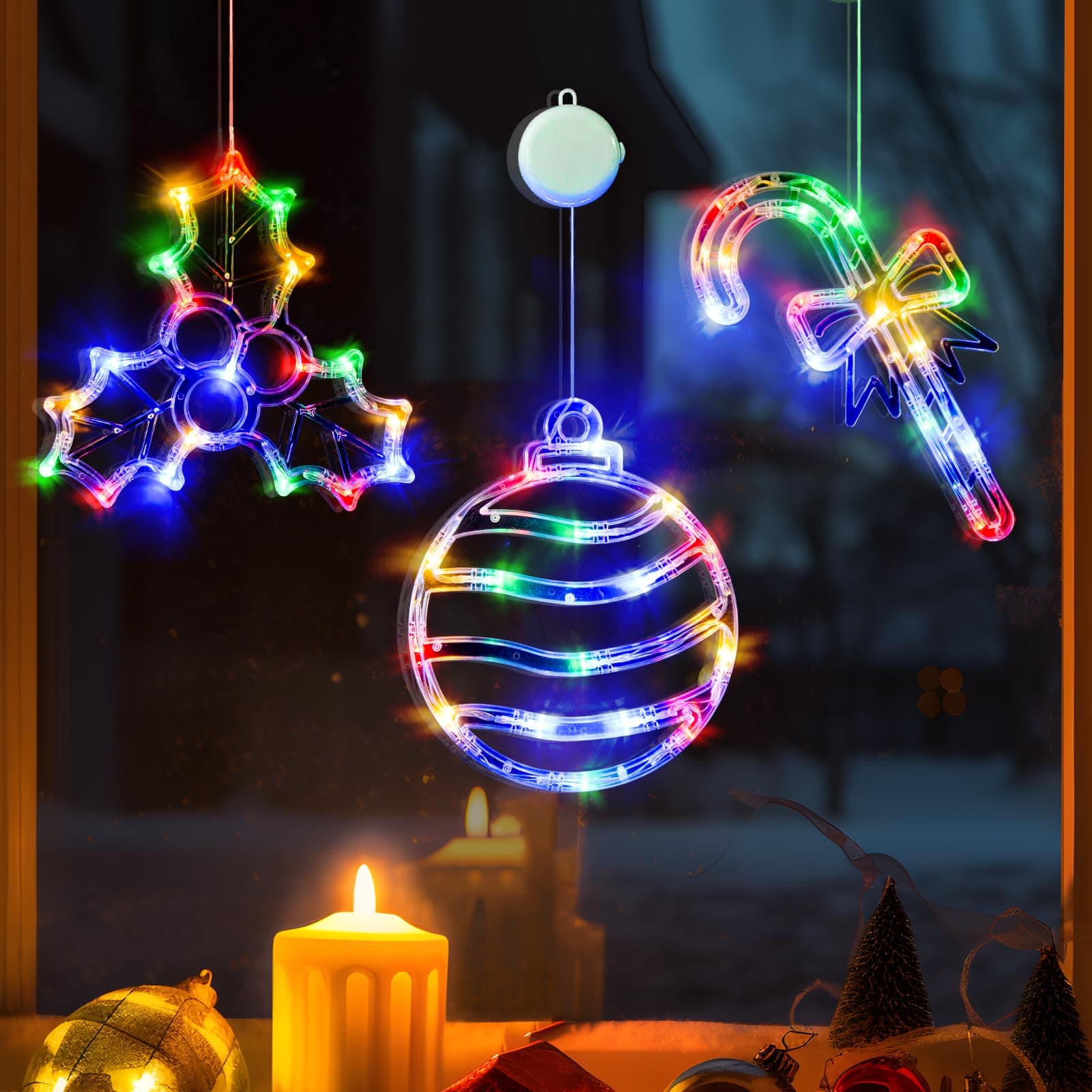 LOLStar Christmas Window Lights, 3 Pack Multicolor Christmas Ball, Holly Berry, Candy Cane LED with Suction Cups, Timer & Slow Fade, Battery Operated(Excluded) Christmas Decorations Light Up for Home