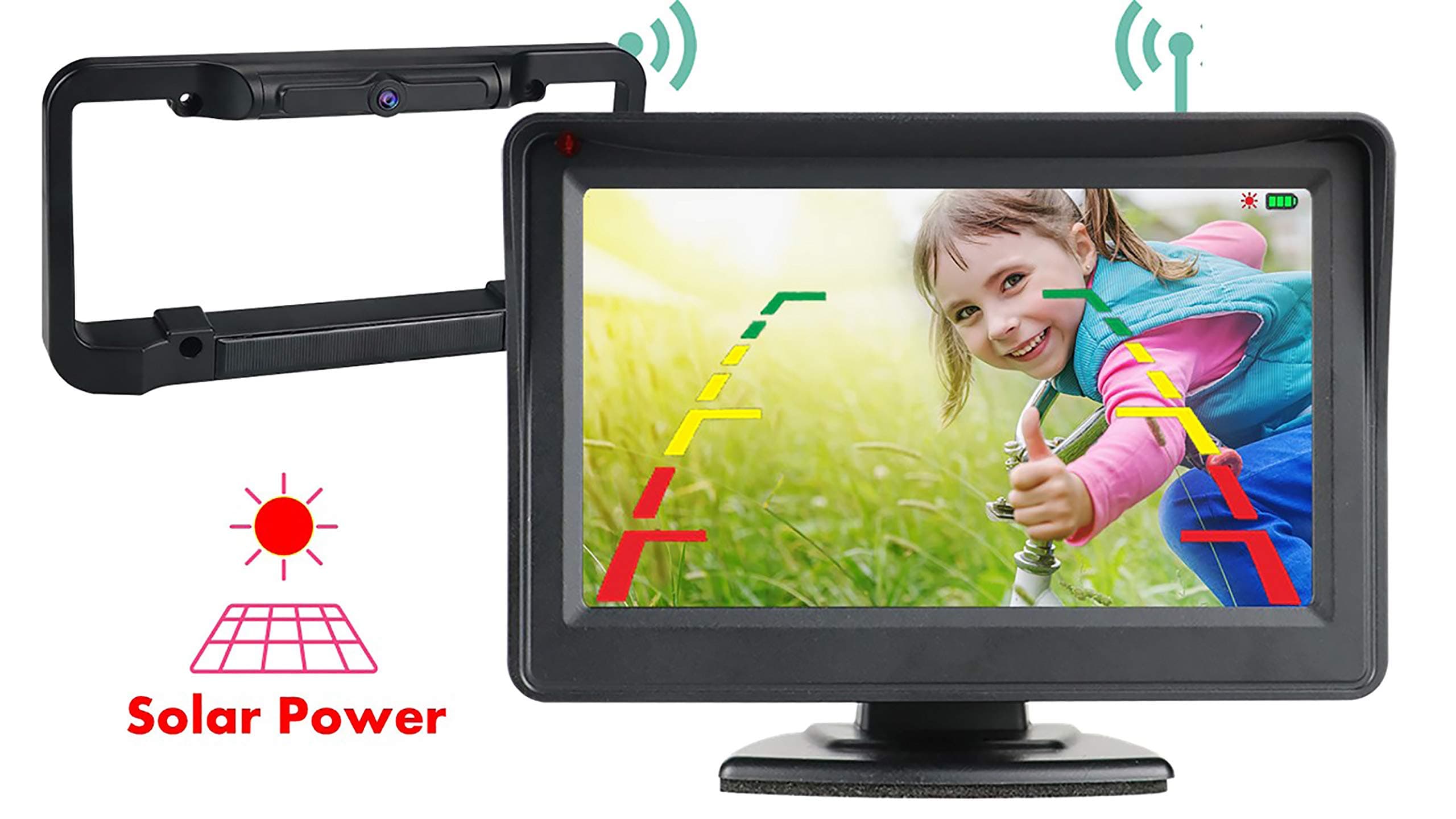 iSharp Digital True Wireless Backup Camera and Monitor Kit Solar Power Night Vision Camera TFF Color Monitor for Vehicles Car/SUV/Pickup Waterproof Night Vision Guide Lines (Dark Black)