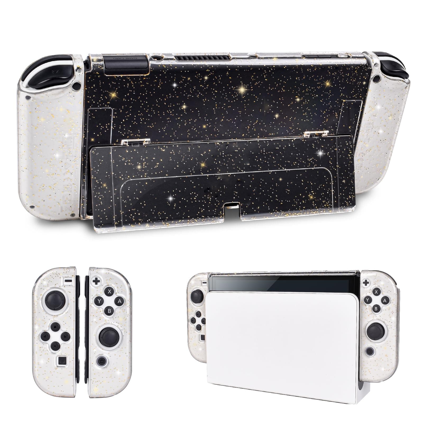 DLseego Protective Glitter Case Compatible with Switch OLED Console - Updated Version, Bling Soft TPU Cover with Shock-Absorption and Anti-Scratch Design - Golden Crystal