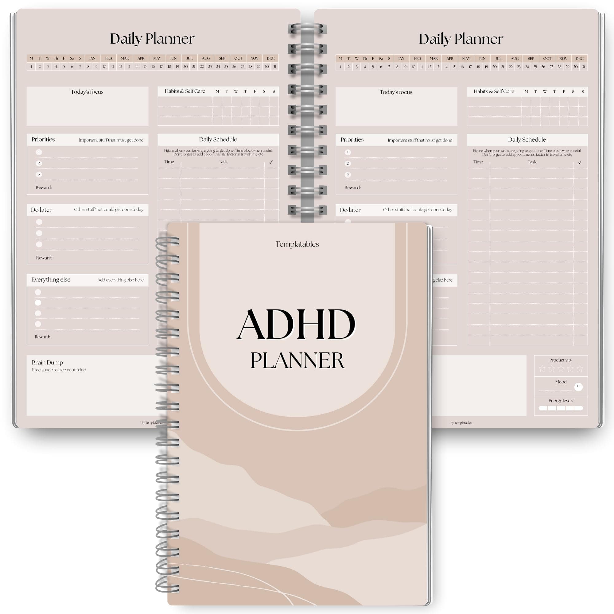 Templatables ADHD Daily Planner for Neurodivergent Adults - Productivity Daily Planner & Task Management to Stay Organized and Focused - A5 Lux