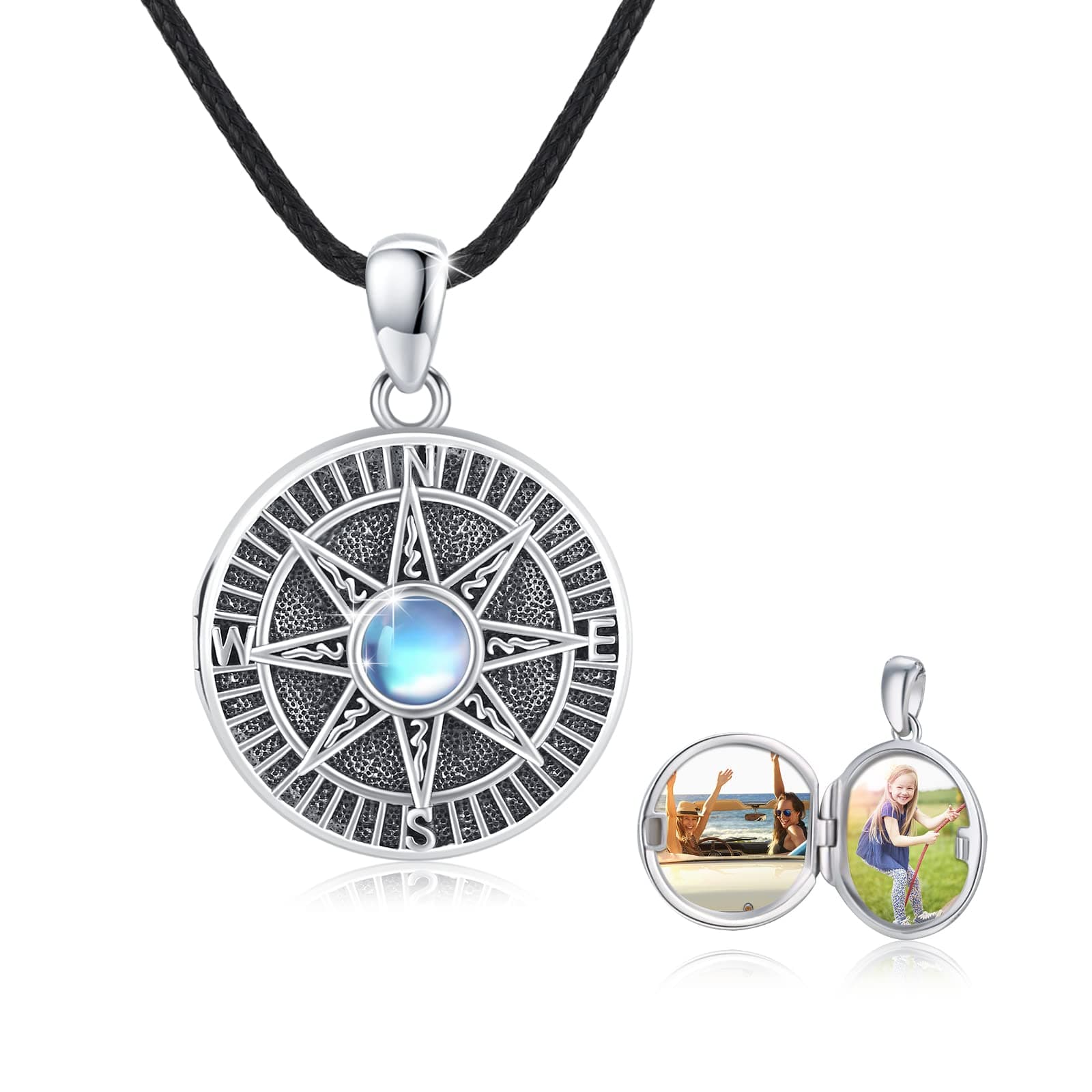 REDSUN Kompass Medaillon Halskette 925 Sterling Silber Mondstein Kette Keltisches Knoten Foto Medaillon Amulett Medallion mit Foto Kompass Schmuck für Herren Sohn Jungen Damen Geschenke