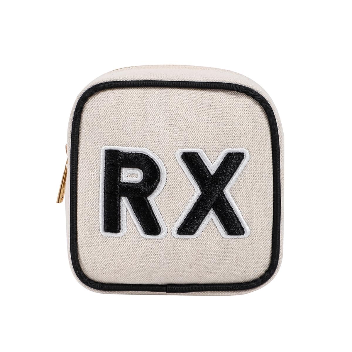 Small Canvas Rx Medicine Packages, Cute Chenille Letter Patch Drug Makeup Bag with Metal Zipper, Mini Travel First Aid Purse Organizer Machine Washable (01Beige)