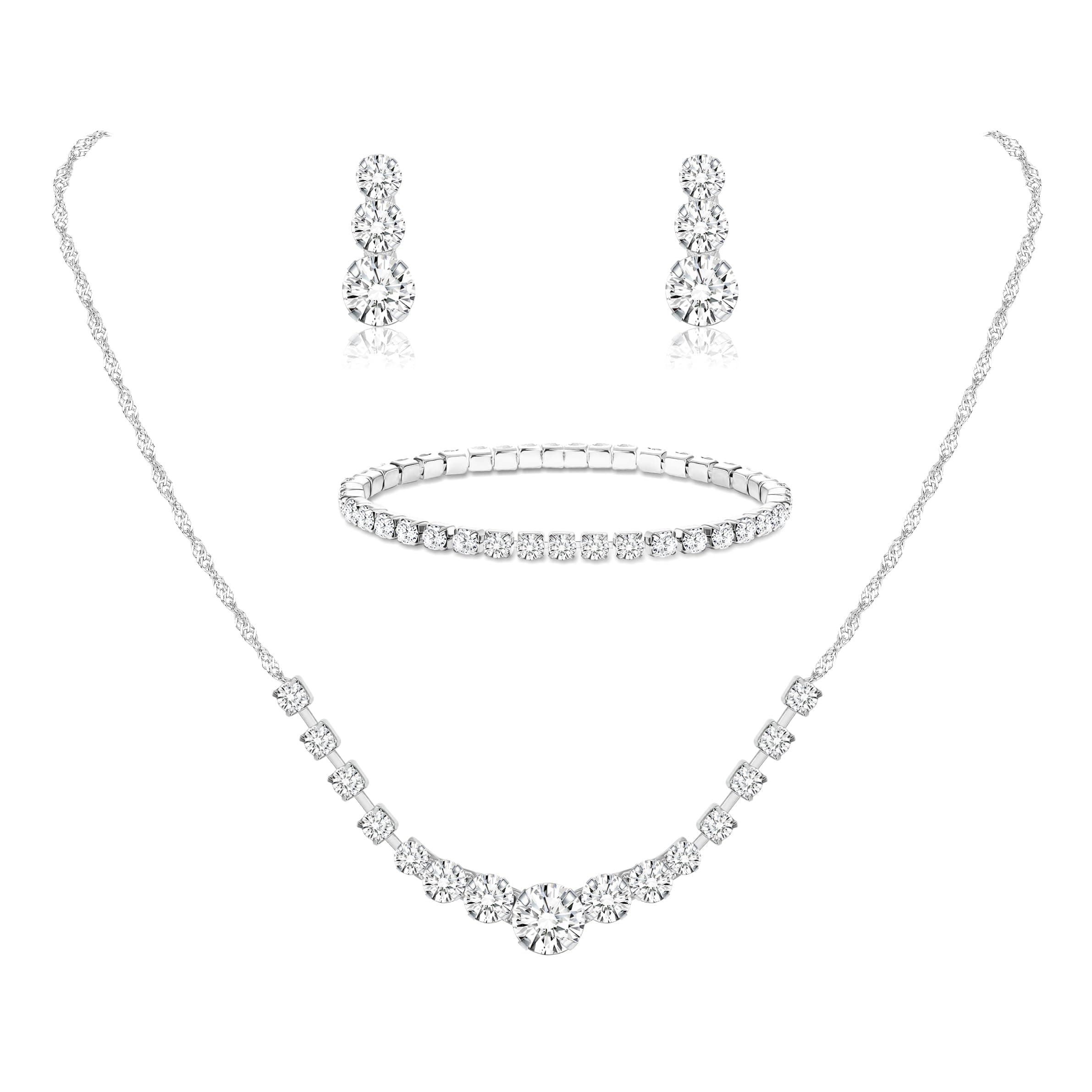 Silver Plated Jewelry Set for Women Rhinestone Crystal Necklace Drop Earrings Link Bangle Bracelet Bridal Wedding Jewelry Sets for Brides Bridesmaid Prom Costume Accessories