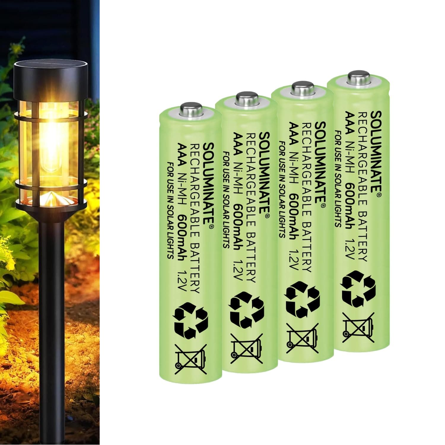 Soluminate Rechargeable AAA Solar Light Batteries (600mAh) for Outdoor Garden Solar Lights, Pathway Light, Lawn Lights, Patio and Decking Lights and Solar String Lights. 1.2V NiMH Technology (4-Pack)