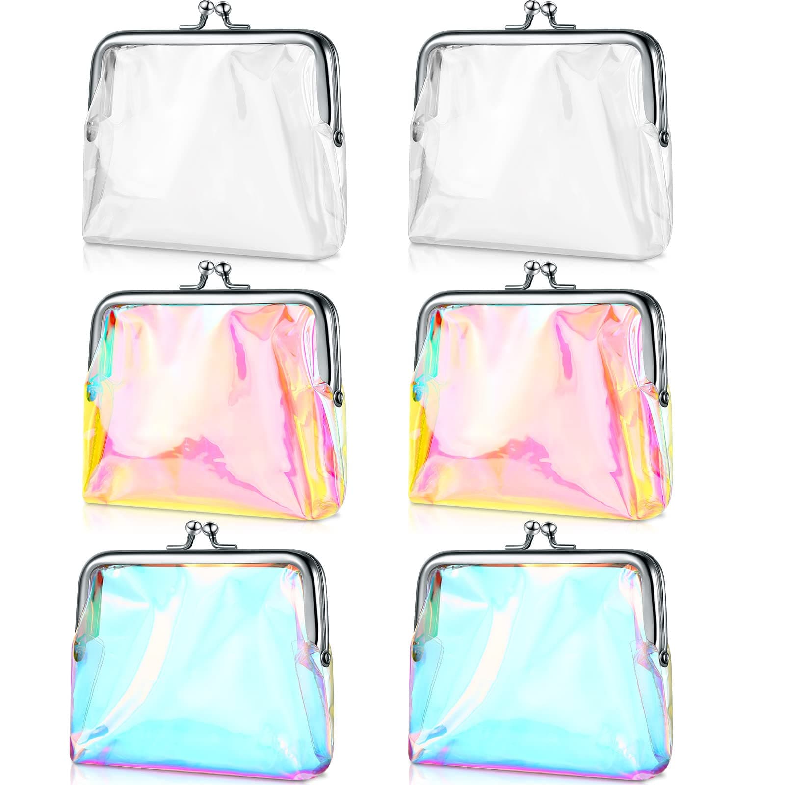 6 Pieces Clear Coin Purse for Women Colorful Kiss Lock Coin Purse Transparent Change Purse Wallet Waterproof PVC Kiss-lock Clear Coin Wallet for Carrying Your Change(Iridescent)