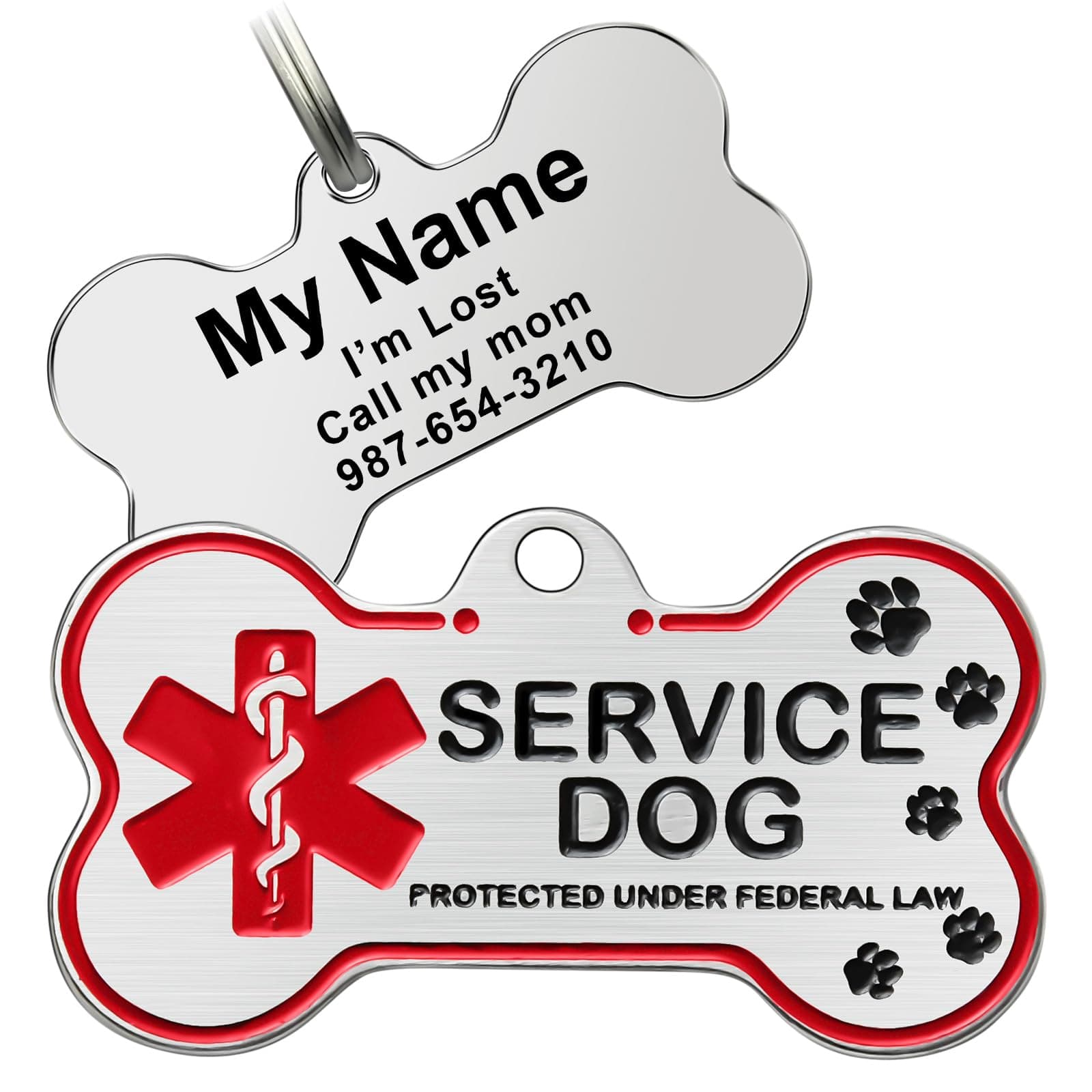Personalized Stainless Steel Service Dog Tag - Custom Emotional Support Animal Tags for Small & Large Dogs and Cats - 4 Line Engraved Name Service Dog Tag Ideal for Collars, Vests (Service)