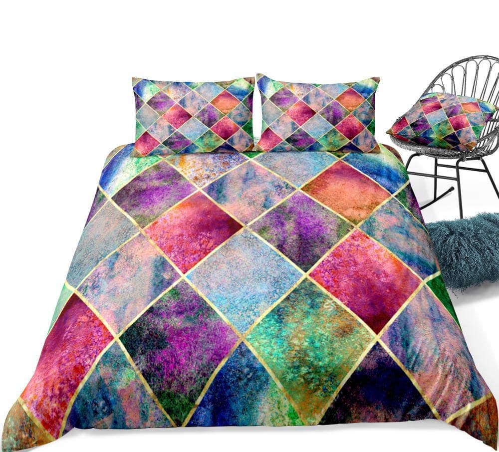 zpangg Watercolor Geometric Plaid Duvet Cover Set Rainbow Argyle Bedding Gold Glitter Line Quilt Cover Home Textiles Single
