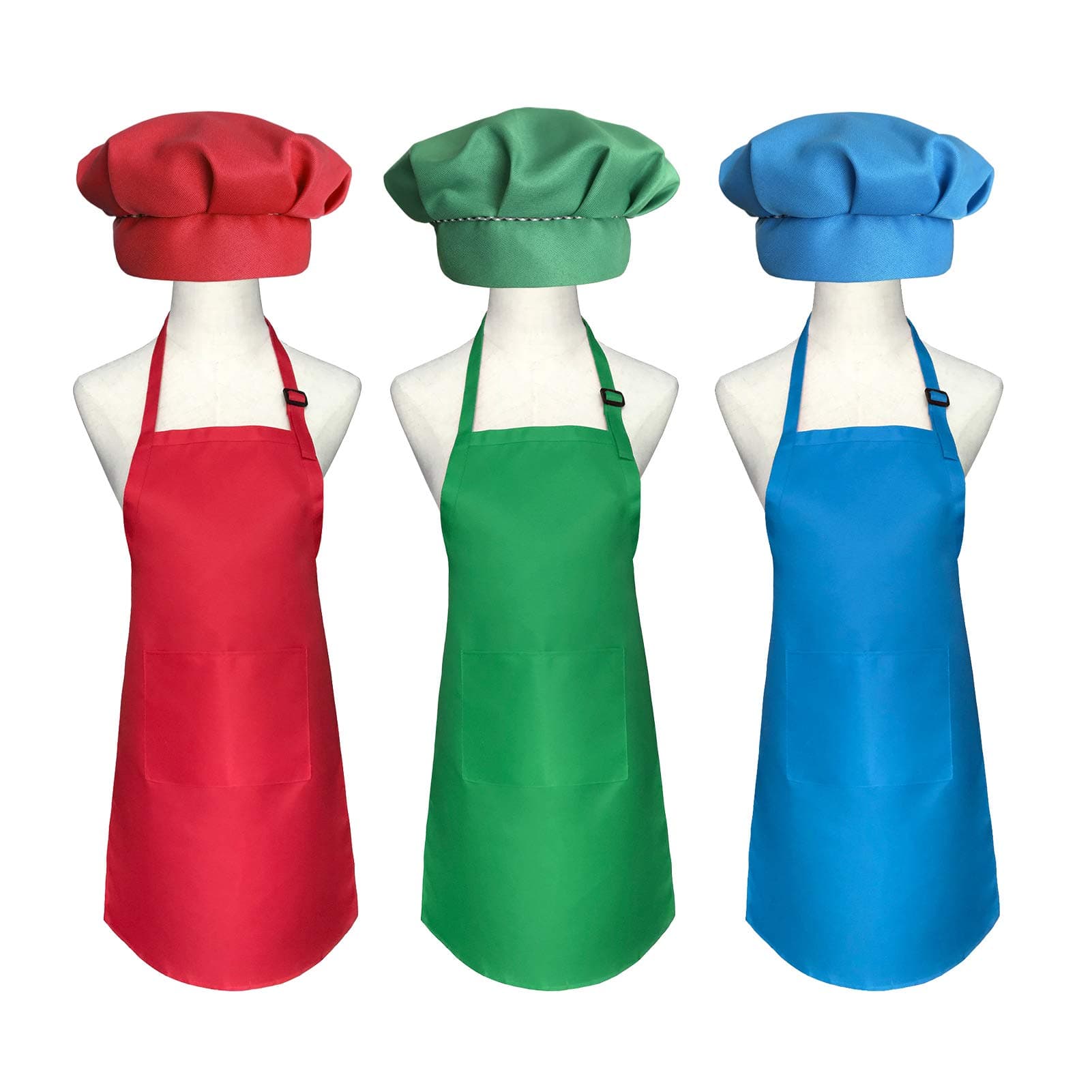 Xeeyaya 6 Pieces Adjustable Kids Apron and Hat for Painting Art Baking, Colored Cooking Apron for Kids Child with Pockets (6 Pieces, Multicolored)