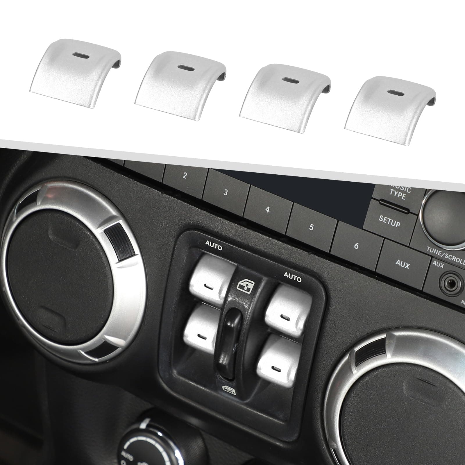 Jimen for JK Window Button Covers, 4PCS Center Console Window Switch Cover Interior Trim Kits Compatible with Jeep Wrangler JK & Unlimited 2012-2018, Aluminum Alloy (Silver)