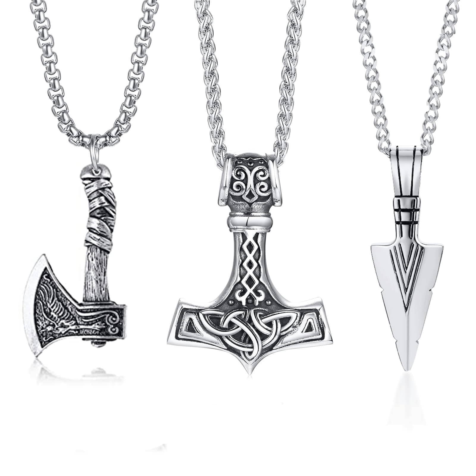 Vnox2-3 Pcs Norse Viking Necklace for Men Thors Hammer Norse Mjolnir Amulet Pendant Necklace with Spearpoint Arrowhead Necklace, Lava Stone,