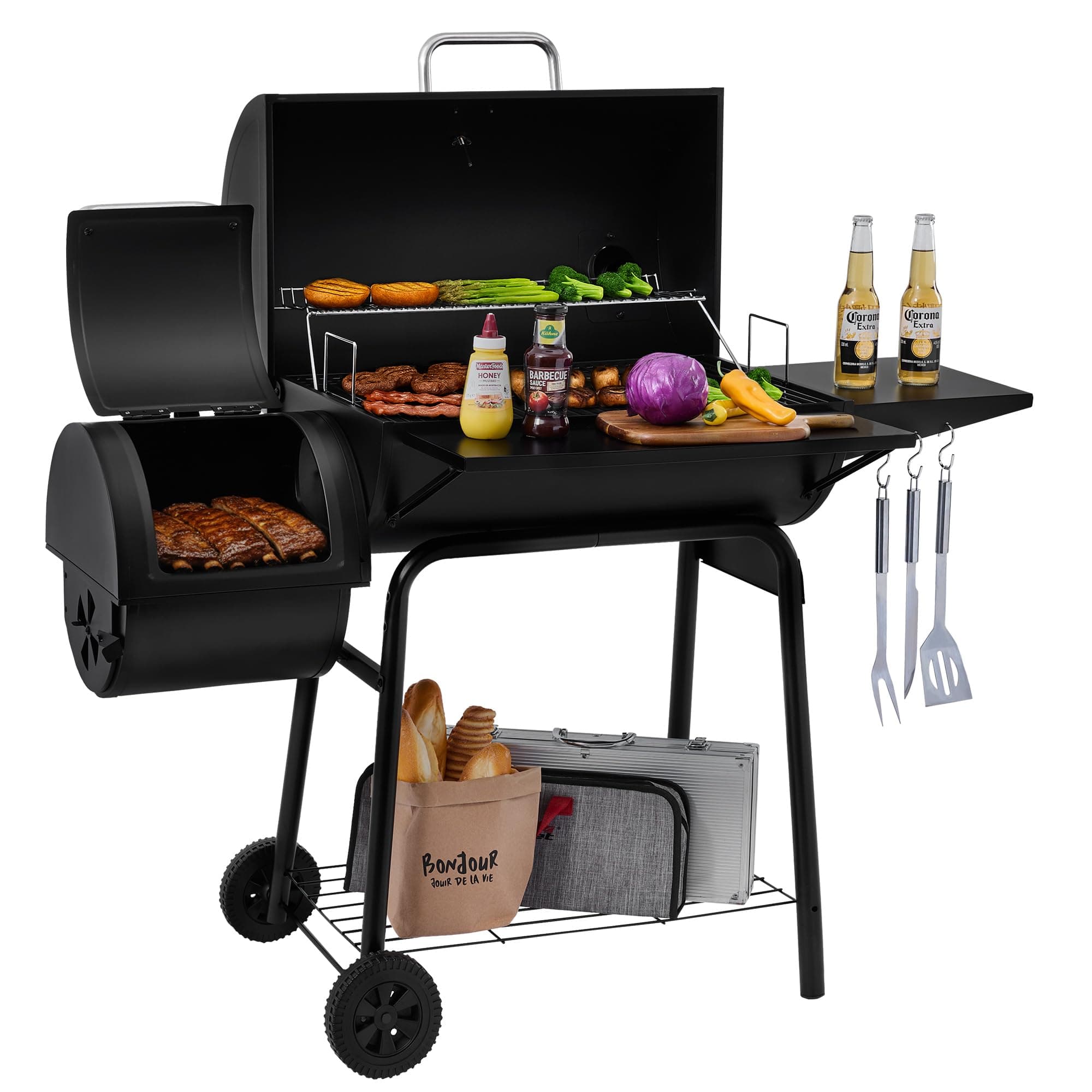 Royal Gourmet BBQ Charcoal Grill and Offset Smoker, 30'' L, 800 Square Inch, Outdoor for Camping, Black