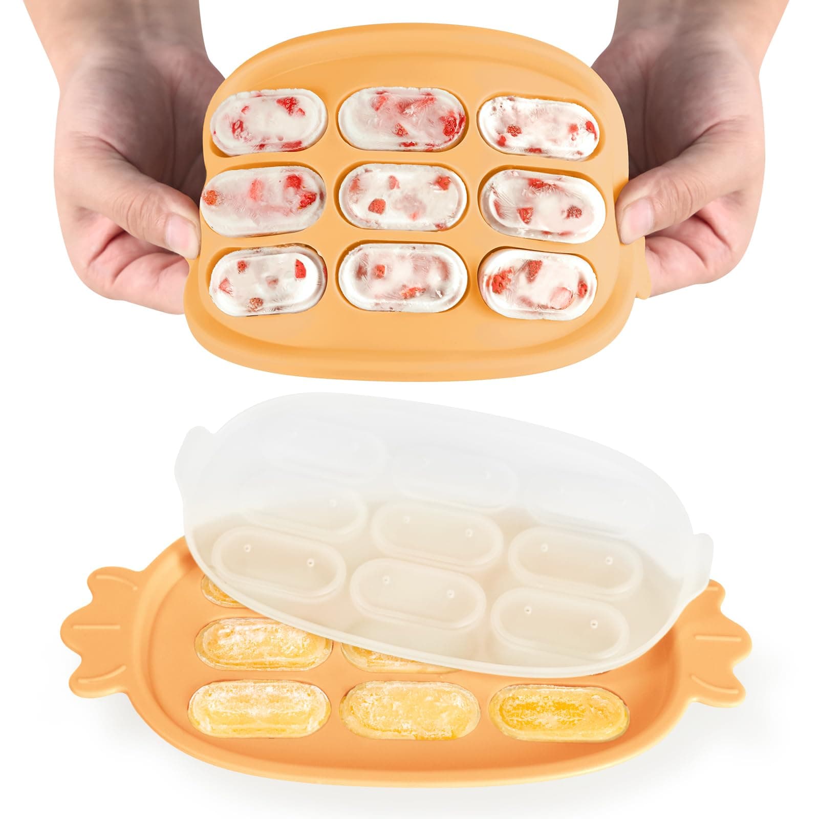 haakaa Silicone Baby Food Freezer Tray-Candy Shape,Breastmilk Freezer Tray with Lid,Baby Sausage Mold,Food Storage Container for Homemade Baby Food,with lid,9 Compartment,Orange