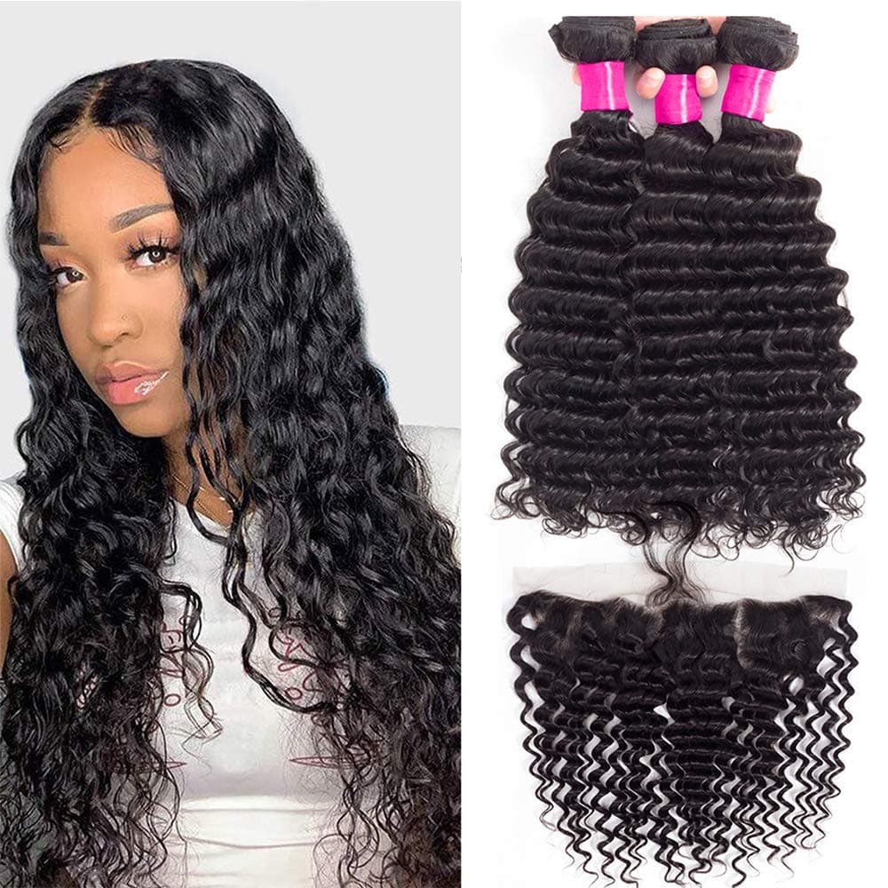 (24 26 28+22, 3 Bundles and Frontal) - Virgin Brazilian Deep Wave Human Hair (24"26"28"+22") Weave Bundles with Frontal Lace Free Part 13x4 Ear To Ear with Baby Hair for 130% Density Human Hair Lac...