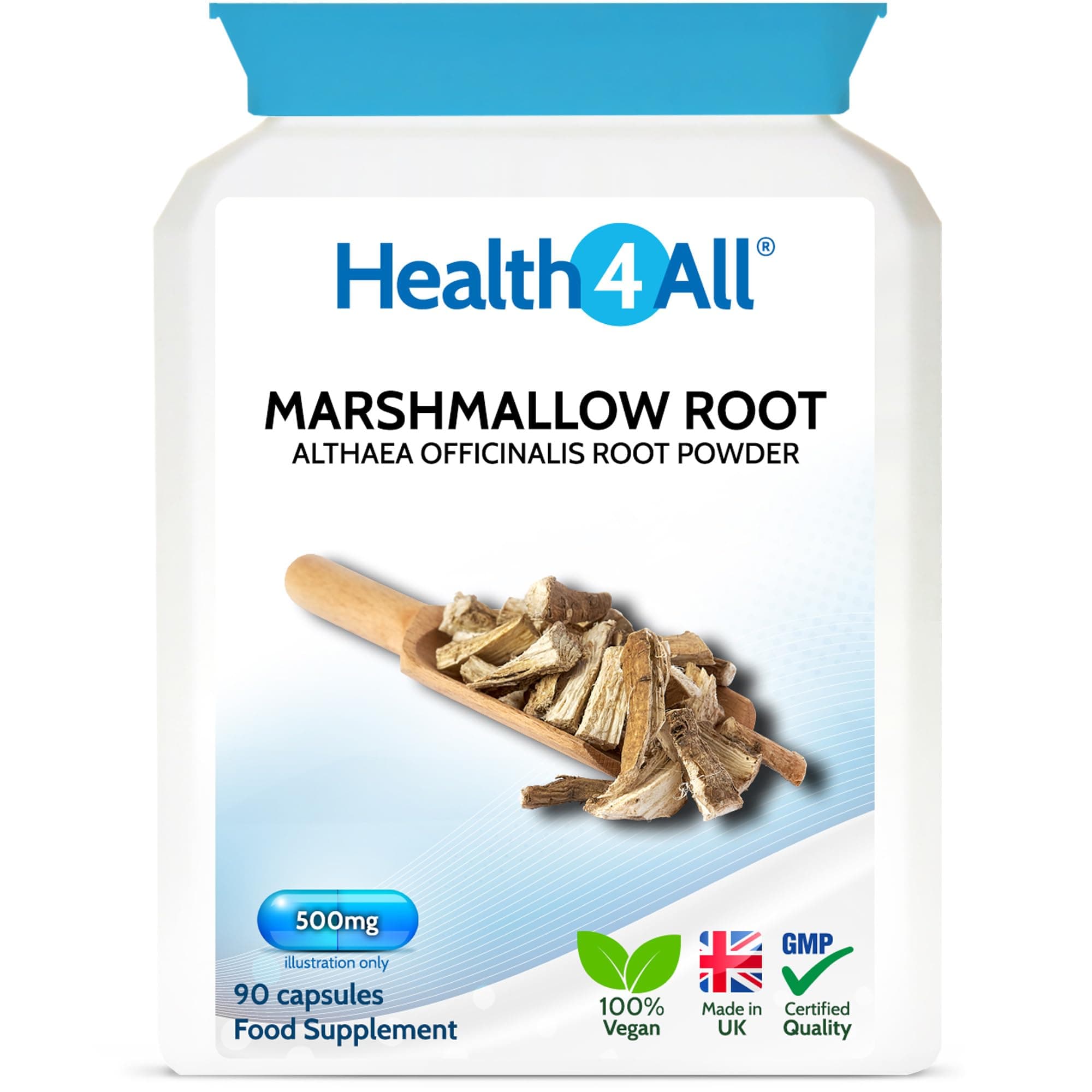 Health4All Marshmallow Root 500mg per Capsule, 90 Capsules, Digestive & Resporatory Health Supplement Soothing Relief, Purest Vegan Natural Althea Officinalis Supplement | Made in UK