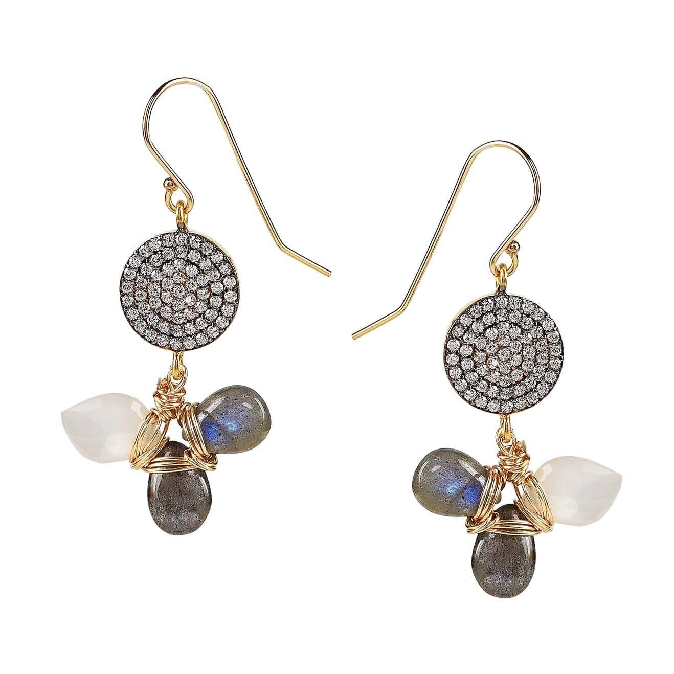 Labradorite and Moonstone CZ Pave Diamond Dangle Earrings, Gold