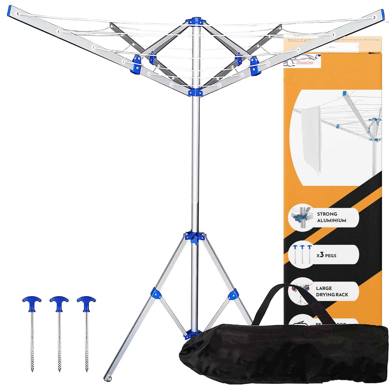 – Xtremeauto Aluminium Rotary Washing Line Airers, Clothes Airer Outdoor, Portable, Foldable & Freestanding 4 Arm For Indoor & Outdoor Dryer Caravan, Silver