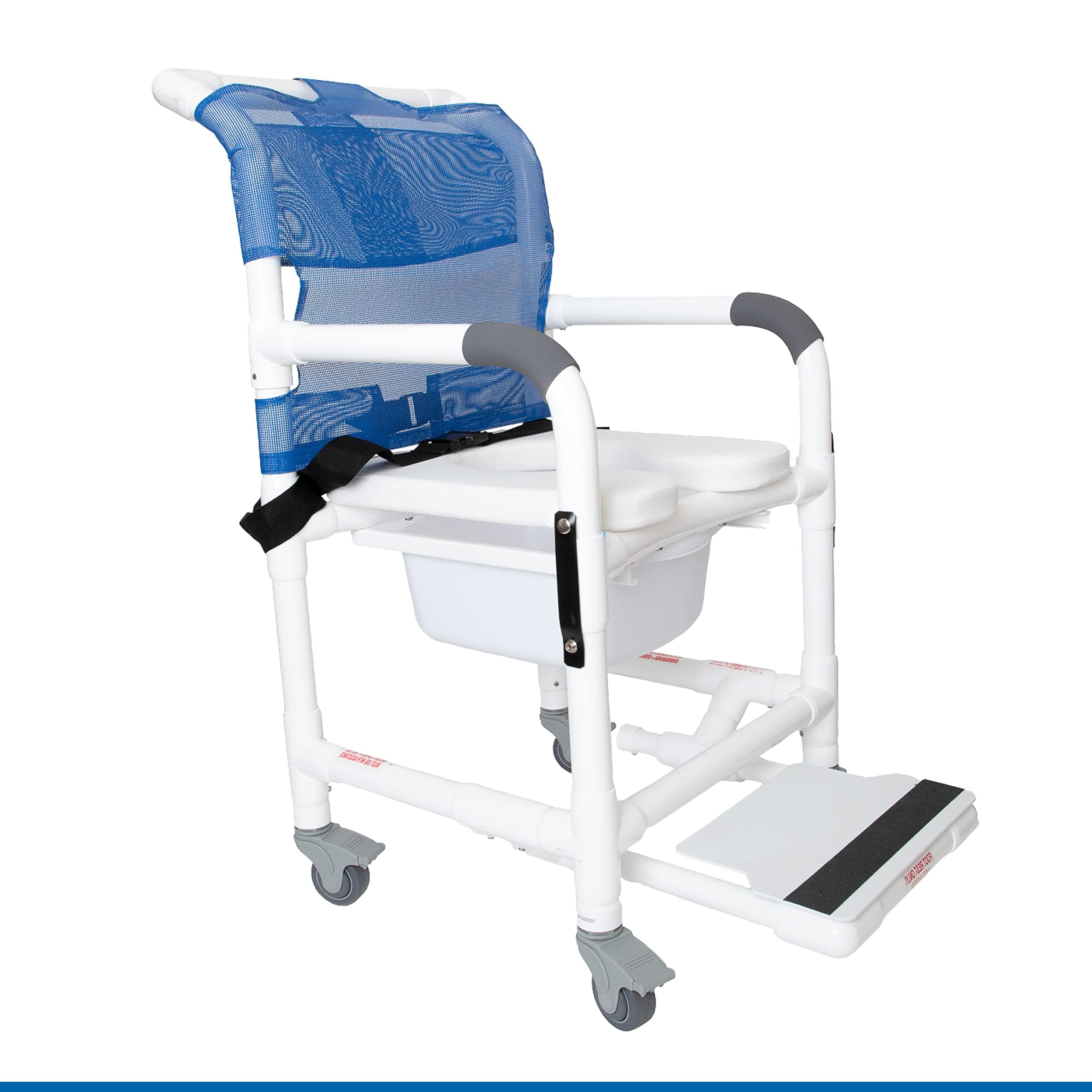 Luxury shower chair with dropped arms, padded seat, non-slip locking wheels, seat belt, slide-out footrest and comfortable bucket. 300 lbs capacity, fits standard toilets.
