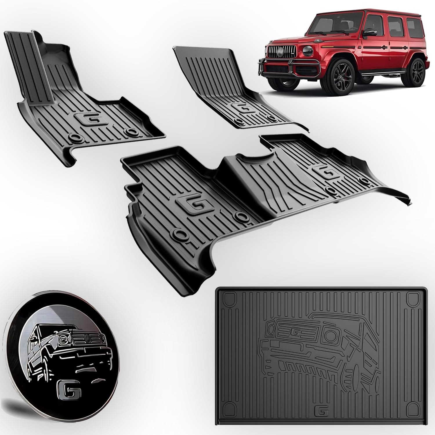 Original Floor Mats & Trunk Mat for 2019-2025 2026 Mercedes-Benz G Class/G550/G580/AMG G63 SUV Accessories - Custom Fit All Weather TPE Floor Liners 1st & 2nd Row & Trunk Mat, Black