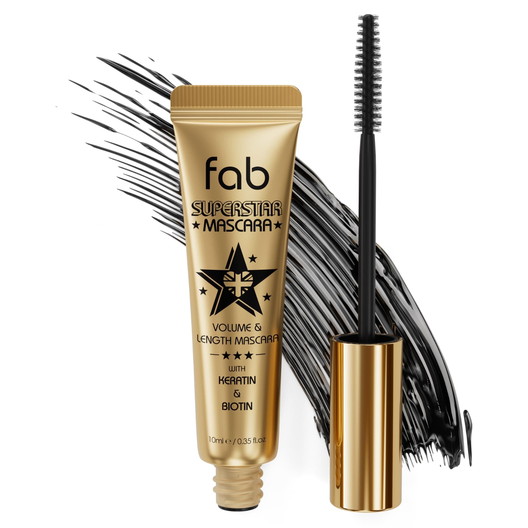Fab Superstar Mascara: Waterproof Volumizing High Lash Lift Beauty Mascara: Black Liquid Mascarra for Bold Volume and Length - Infused with Keratin and Biotin for Longer, Better Defining Lashes - 10ml