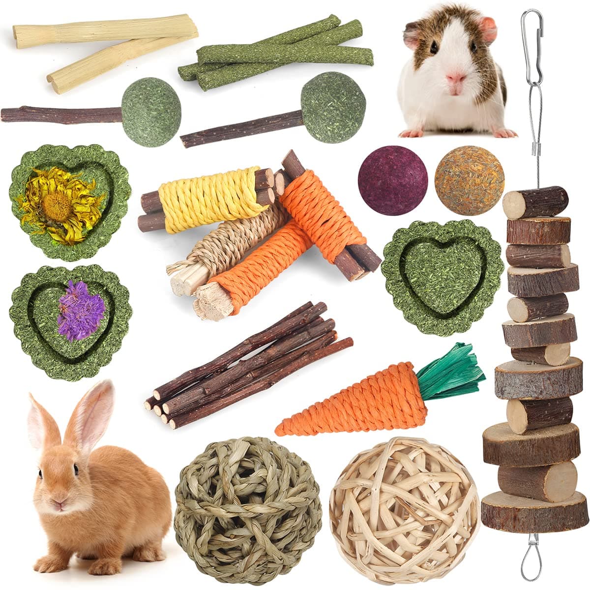Rabbit Toys Bunny Toys 26Pcs Natural Timothy Hay Sticks Apple Wood Sticks Handmade for Guinea Pig Hamster Rat Chinchilla