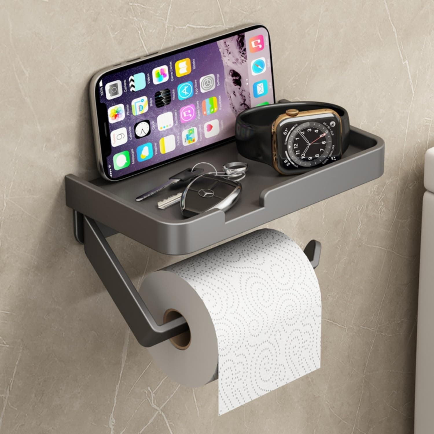 Toilet Paper Holder with Phone Shelf, Self Adhesive Toilet Paper Roll Holder, Bathroom Toilet Tissue Roll Holder with Shelf Wall Mount, Sturdy Bathroom Toilet Paper Holder (Grey)