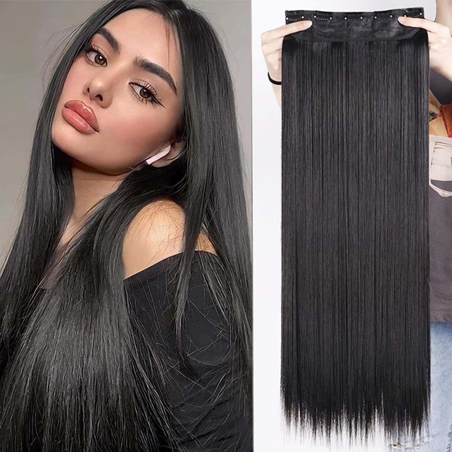 Ritzkart Hair Extension 25 Inc Black Straight Silky Natural Feeling Synthetic, Black,
