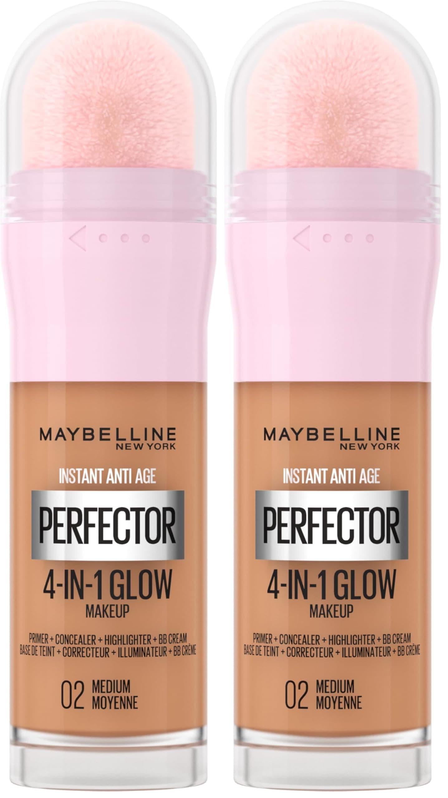 Maybelline New York Instant Anti Age Rewind Perfector, 4-In-1 Glow Primer, Concealer, Highlighter, Self-Adjusting Shades, Evens Skin Tone with a Glow Finish, Shade: 02 Medium (Pack of 2)
