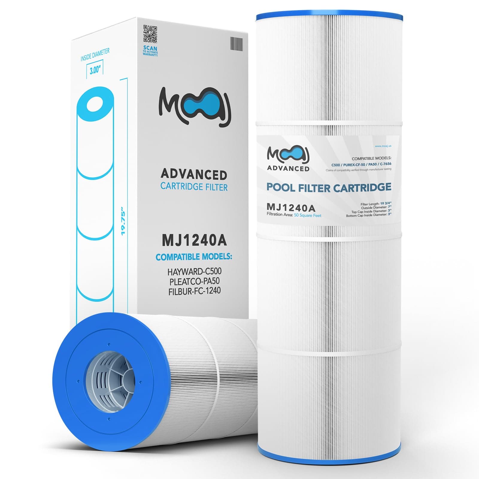 MOAJ Advanced Pool Filter Replaces Hayward CX550RE, C500, C550, PA50, Pentair CF-50, R173409, Filbur FC-1240, Unicel C-7656, Magnum HW500 | 19 3/4" x 7" | 50 SQ FT | Washable & Reusable | Based In USA